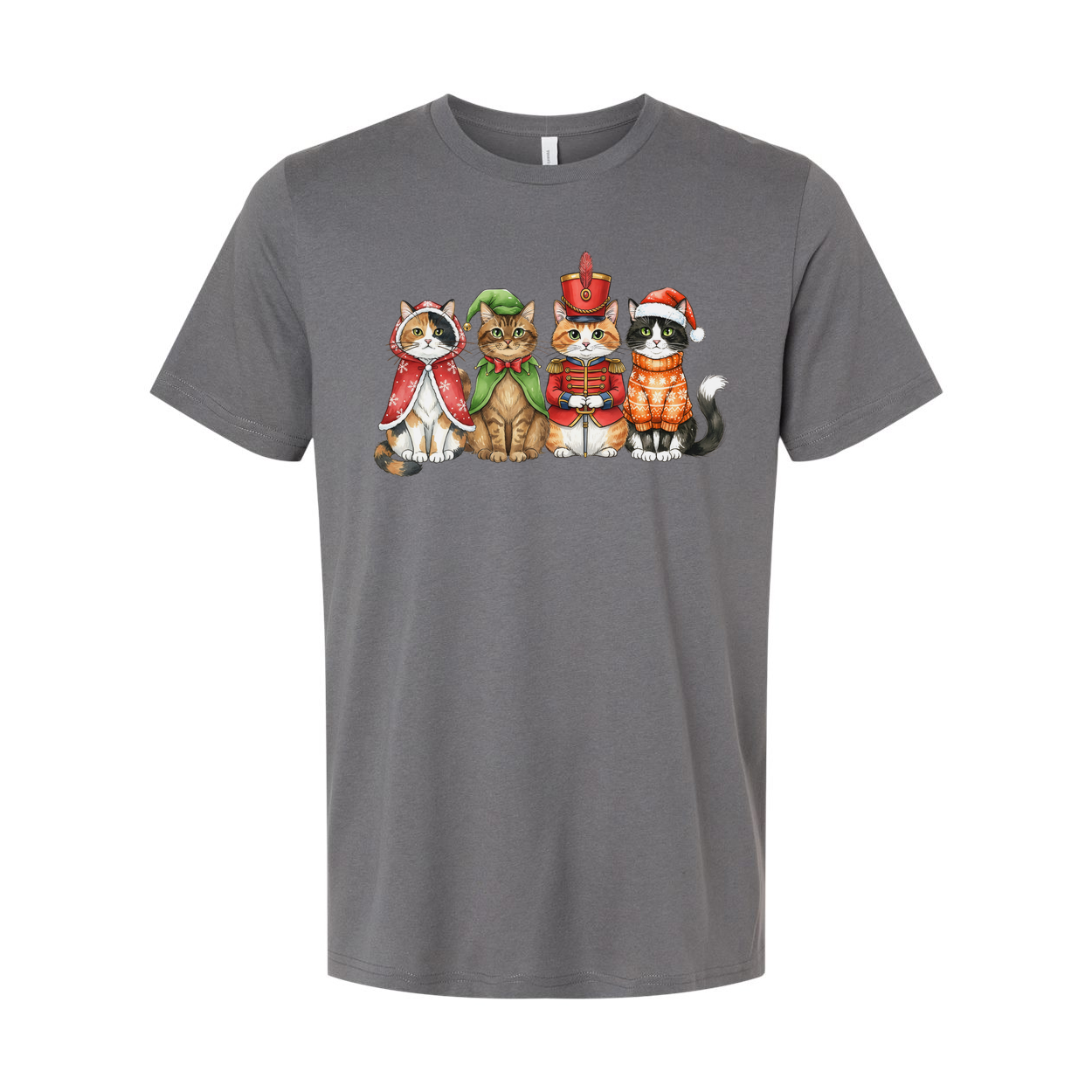 Unisex White T Shirt Featuring Five Festive Cats In Christmas Costumes Artwork Colorful Illustration