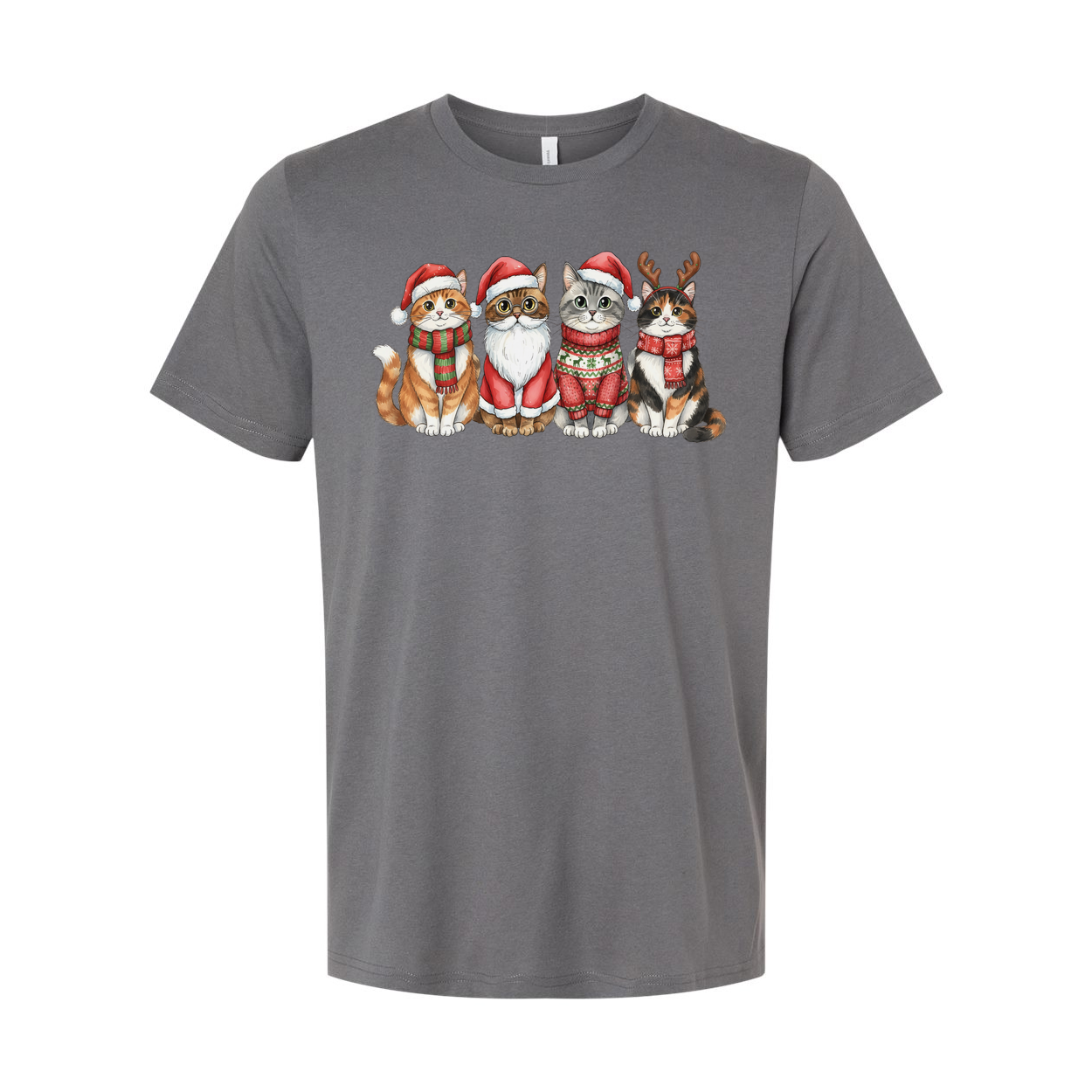 Unisex Christmas T Shirt Featuring Four Festive Cats In Santa Hats And Cozy Sweaters