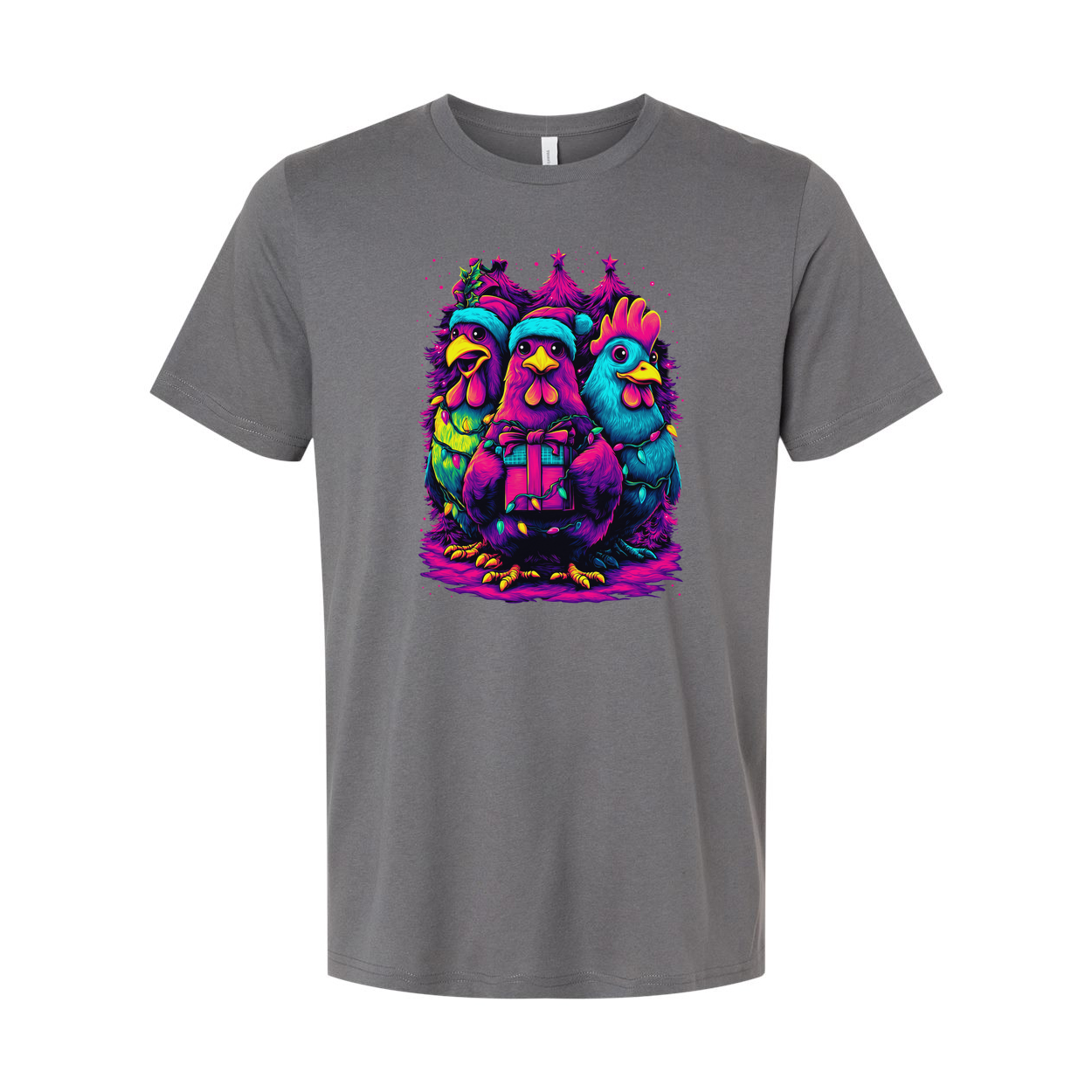 Unisex Christmas T Shirt With Neon Colorful Chickens Gift Box And Christmas Trees Graphic