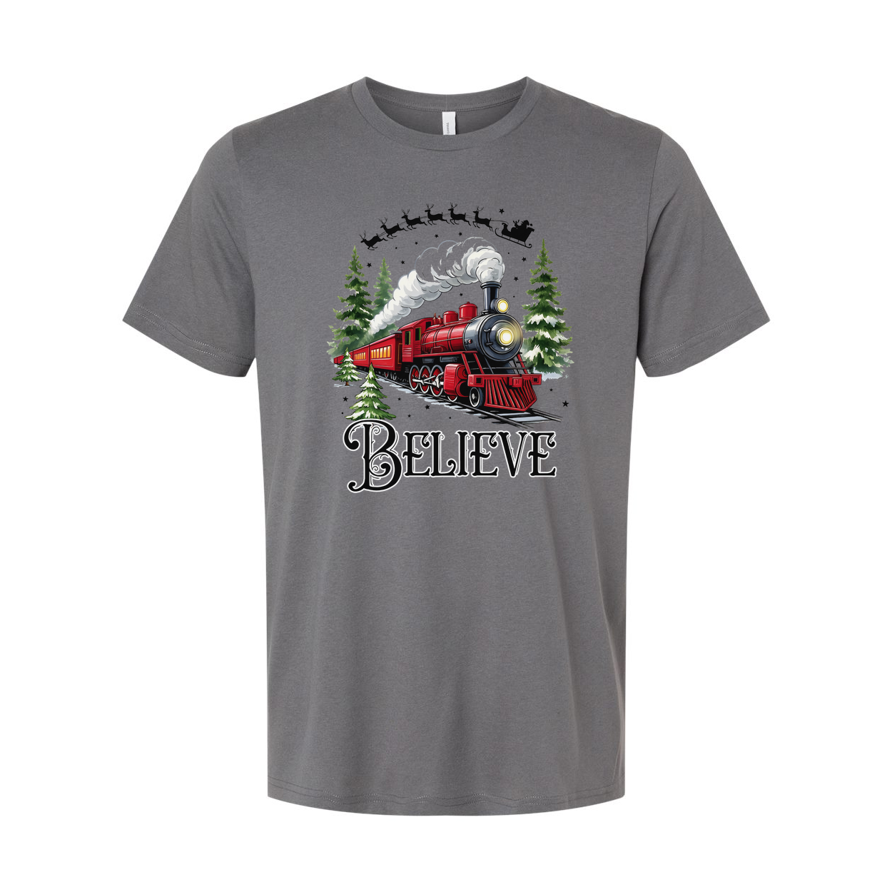 Unisex Christmas Train T Shirt With Red Steam Locomotive And Believe Graphic Artwork