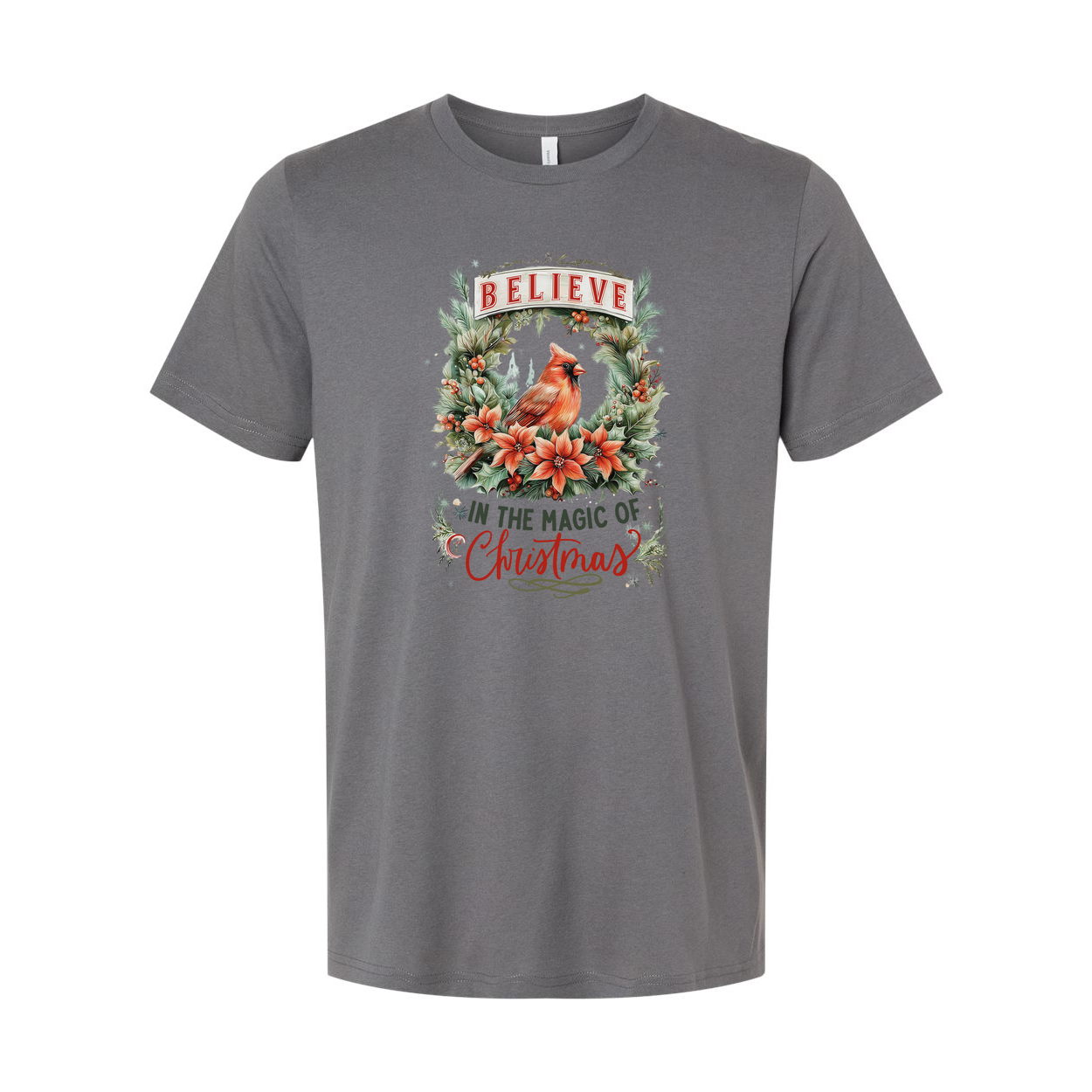 Unisex Christmas T Shirt With Cardinal And Floral Wreath Believe In The Magic Of Christmas
