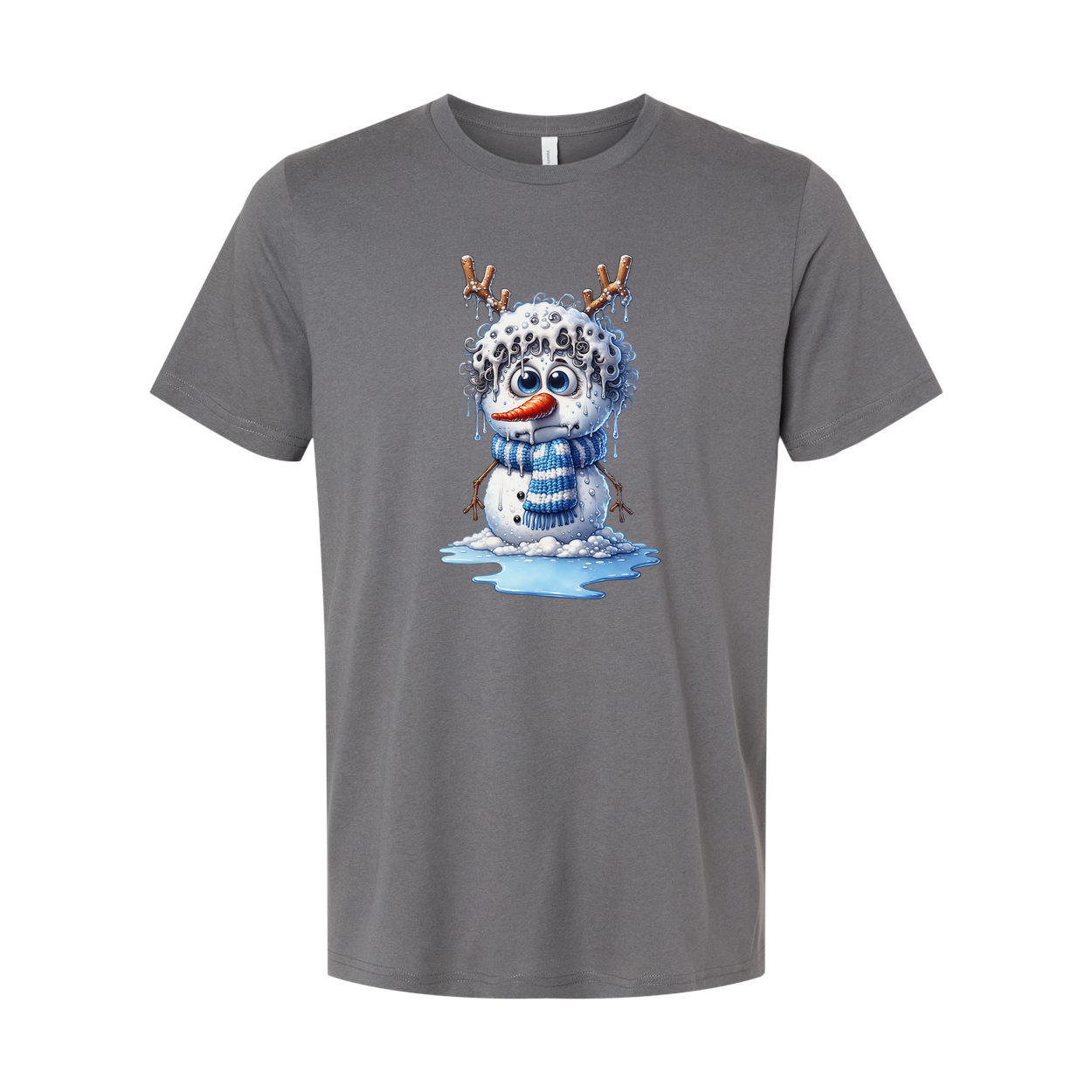 Unisex Snowman Illustration T Shirt With Blue Scarf Antler Twig Design And Melting Ice Splash
