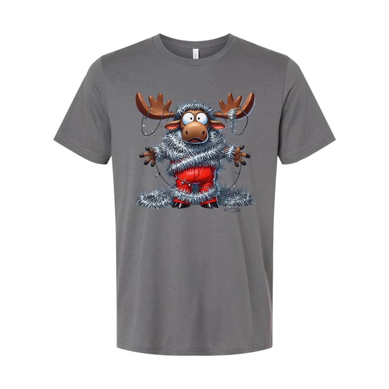 Unisex Christmas Moose Graphic T Shirt With Tinsel Lights Funny Festive Apparel Collection