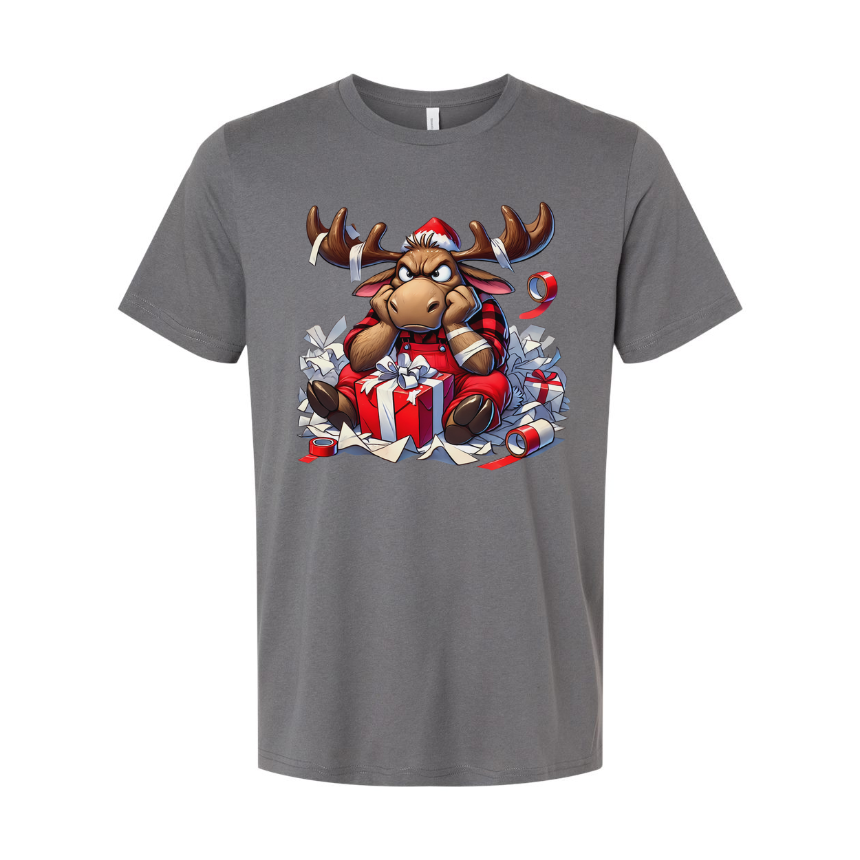 Unisex Christmas Moose Illustration T Shirt With Santa Hat And Gift Boxes Design