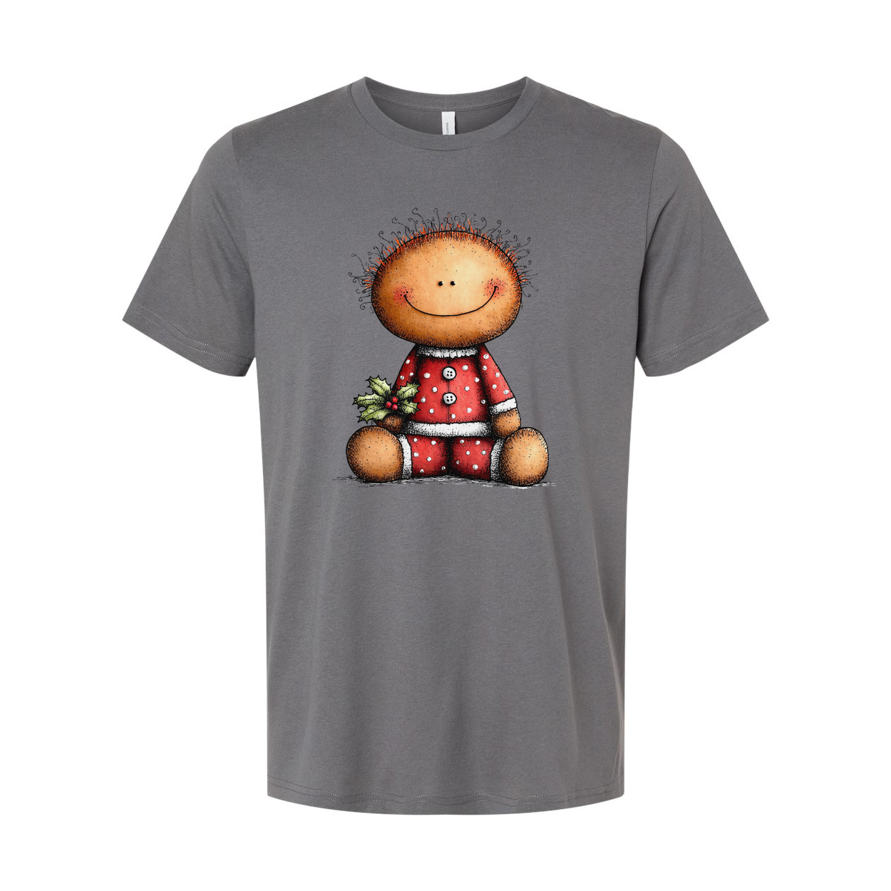 Unisex Christmas T Shirt Featuring Cute Smiley Doll In Red Polka Dot Pajamas And Holly