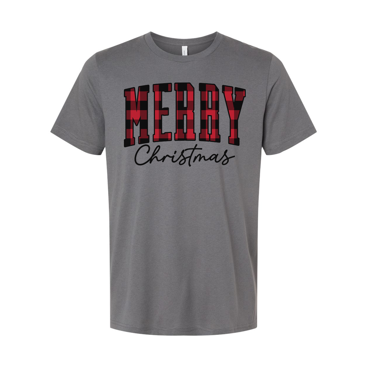 Merry Christmas Plaid Block Lettering Unisex T Shirt With Script Christmas Text Design