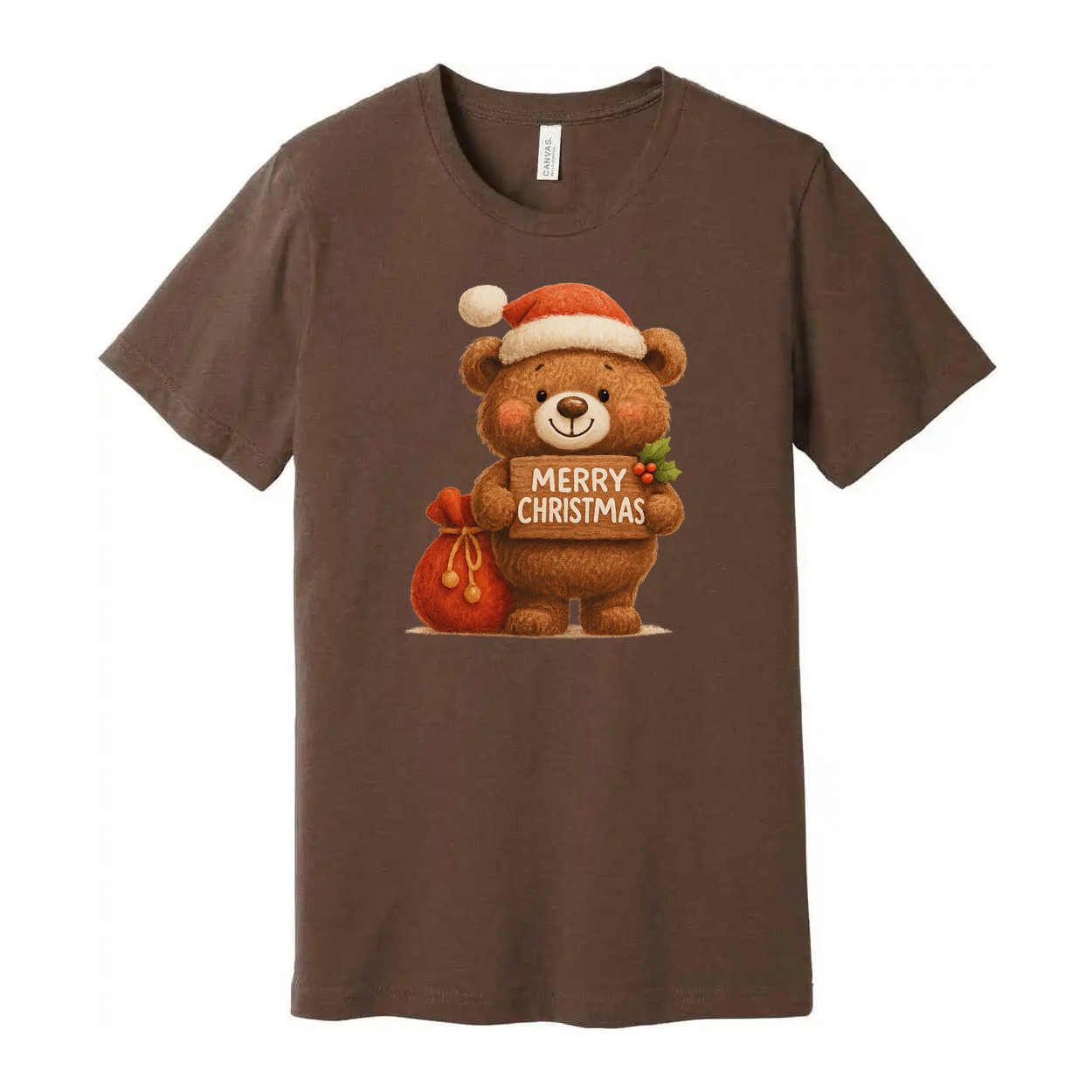 Unisex Christmas T Shirt With Cute Teddy Bear Santa Hat Holding Merry Christmas Sign Graphic