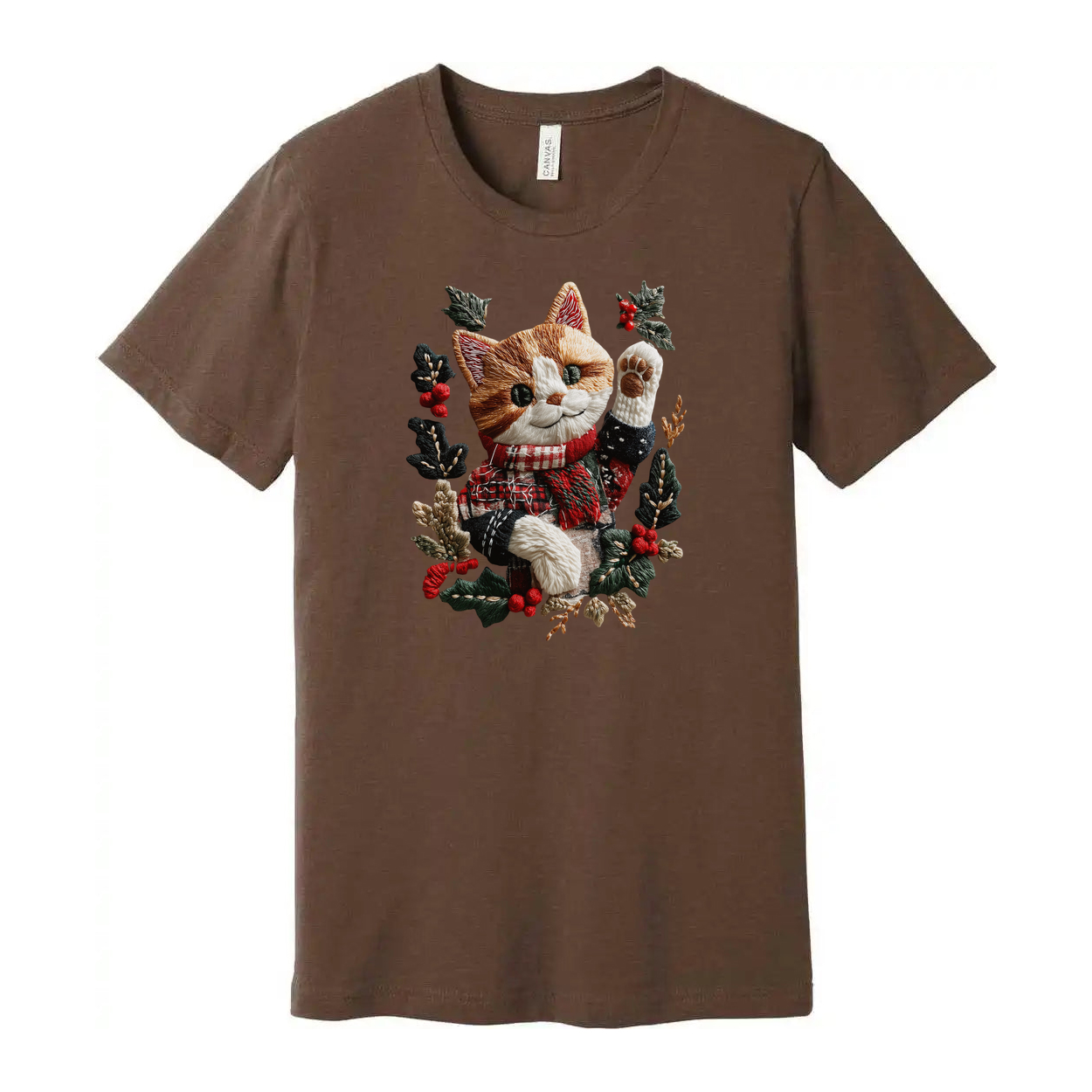 Unisex Christmas T Shirt With Cat In Red Scarf Surrounded By Holly Design