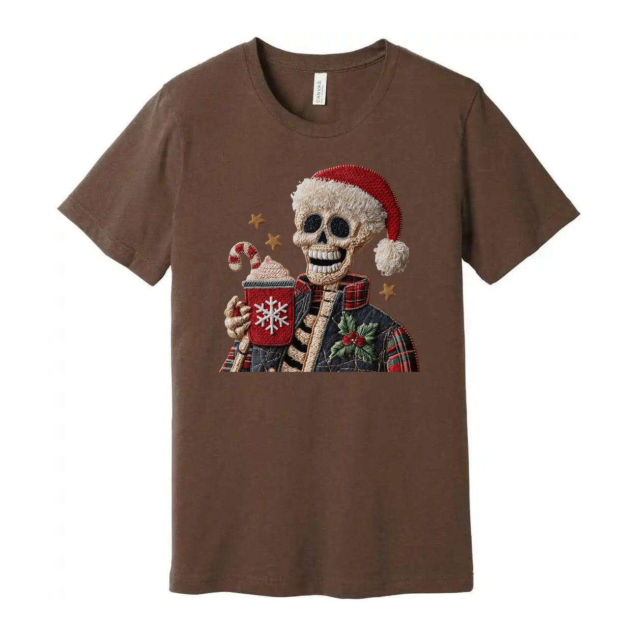 Unisex Christmas Skeleton Wearing Santa Hat Holding Snowflake Mug Graphic Tee For Holiday Season