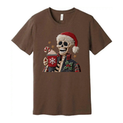 Unisex Christmas Skeleton Wearing Santa Hat Holding Snowflake Mug Graphic Tee For Holiday Season