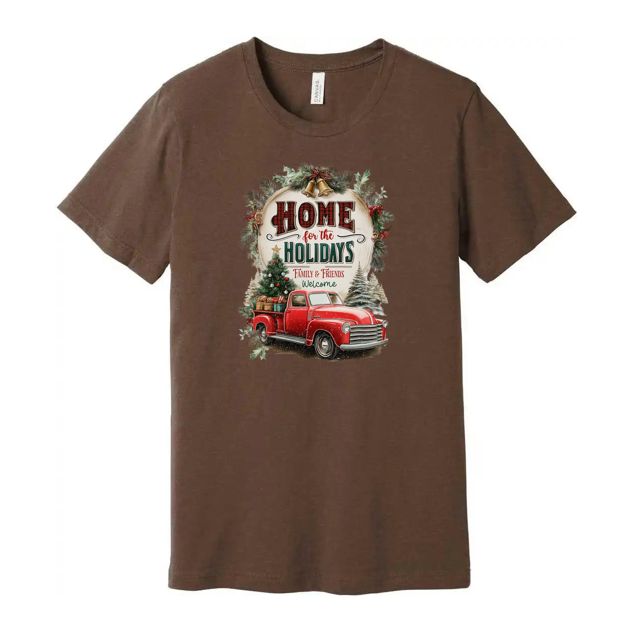 Unisex Christmas T Shirt With Vintage Red Pickup Truck And Home For The Holidays Graphic
