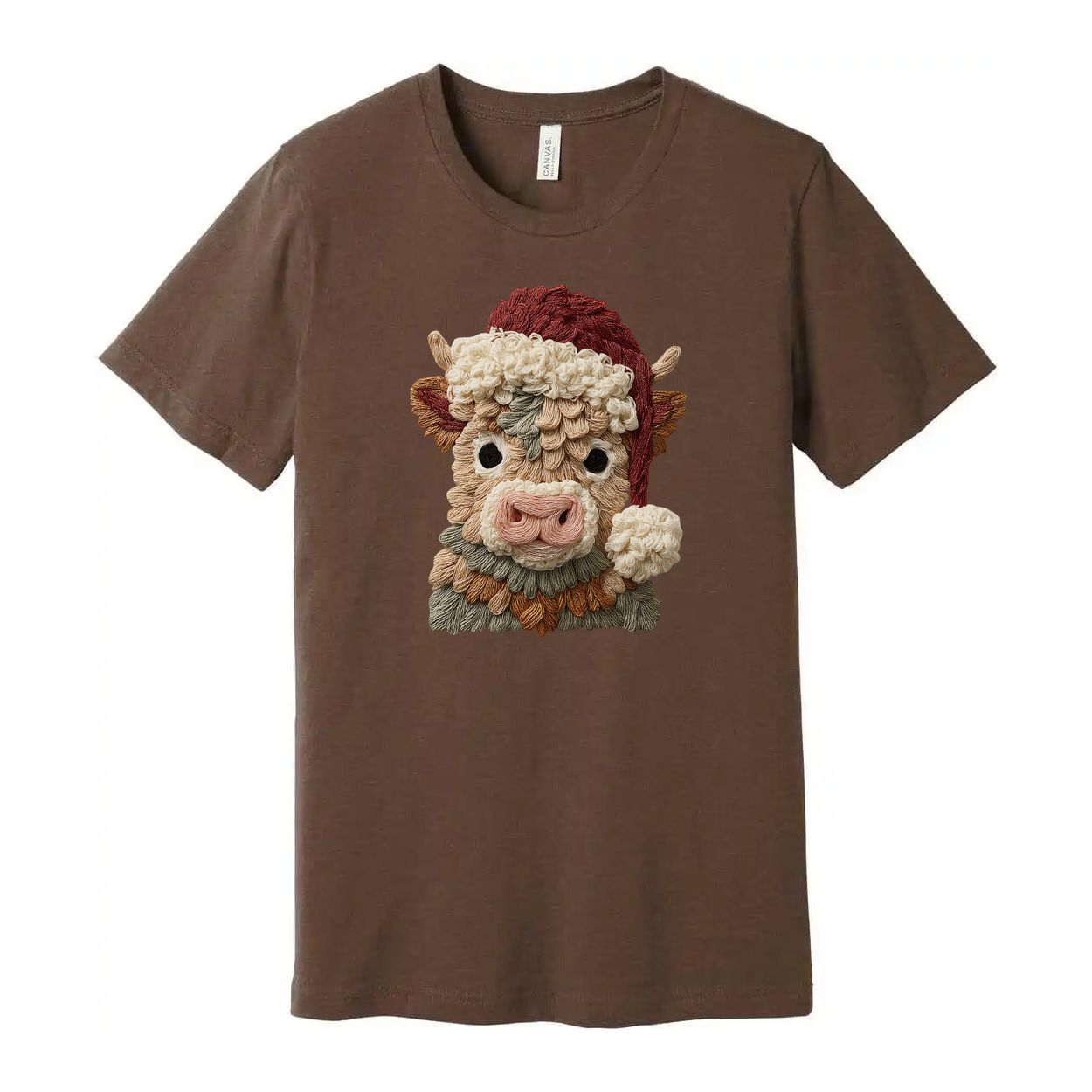 Unisex T Shirt With Festive Knitted Bull Portrait And Santa Hat Christmas Design