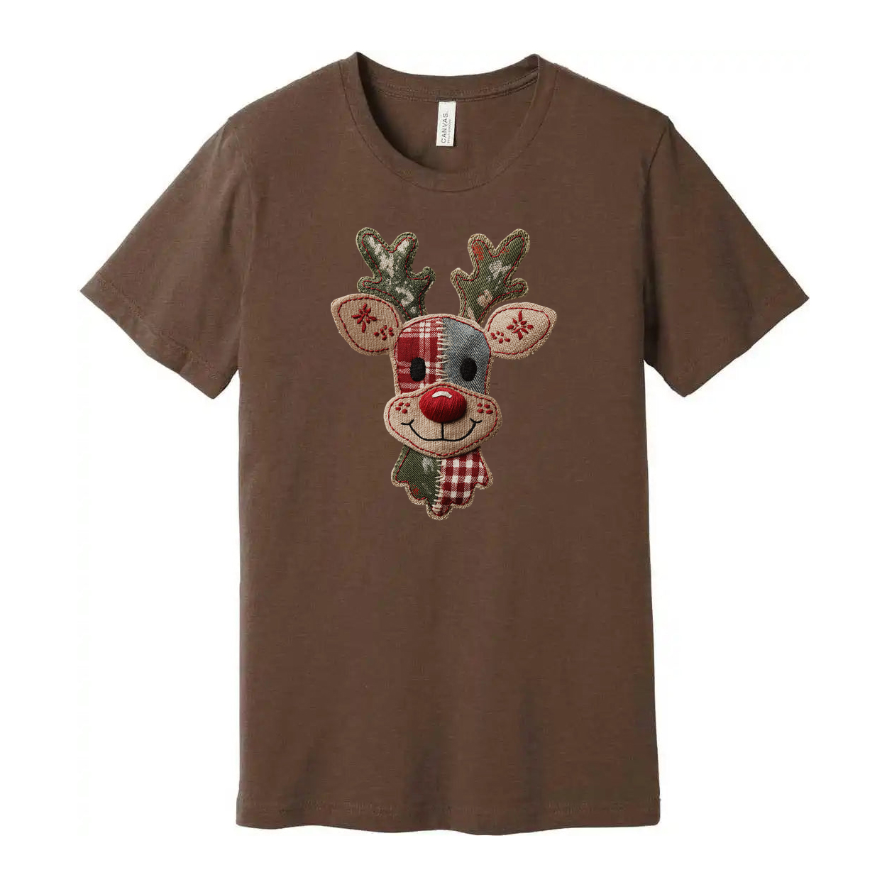 Unisex Christmas T Shirt With Reindeer Patch Logo Featuring Plaid Pattern