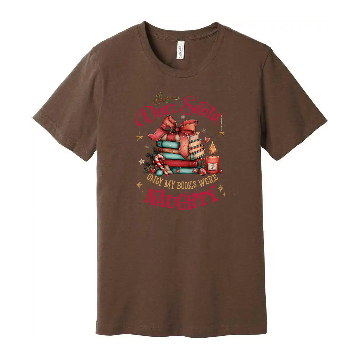 Dear Santa Only My Books Were Naughty Christmas Themed Unisex T Shirt With Stacked Books Illustration