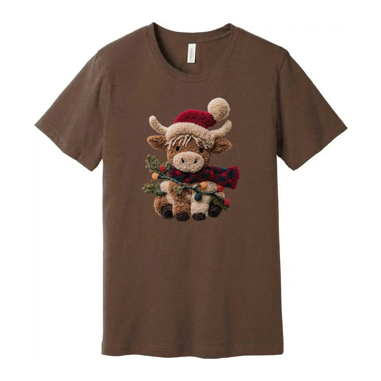 Unisex Christmas T Shirt Featuring Cute Plush Reindeer In Santa Hat And Cozy Red Scarf With Evergreen Garlands