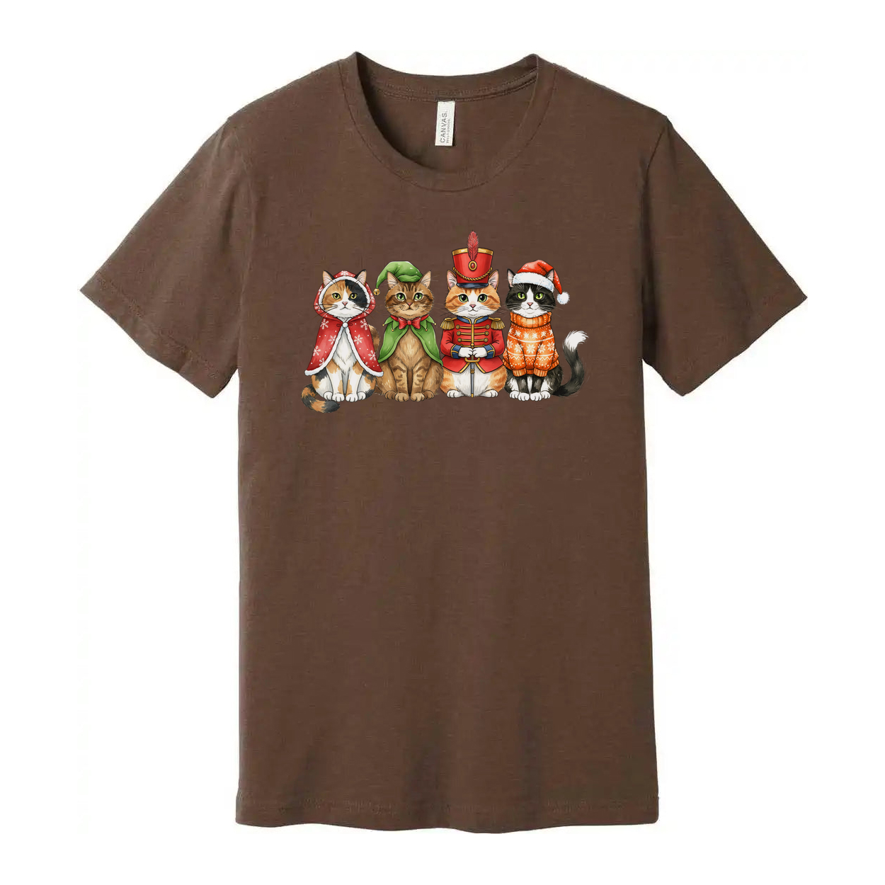 Unisex White T Shirt Featuring Five Festive Cats In Christmas Costumes Artwork Colorful Illustration