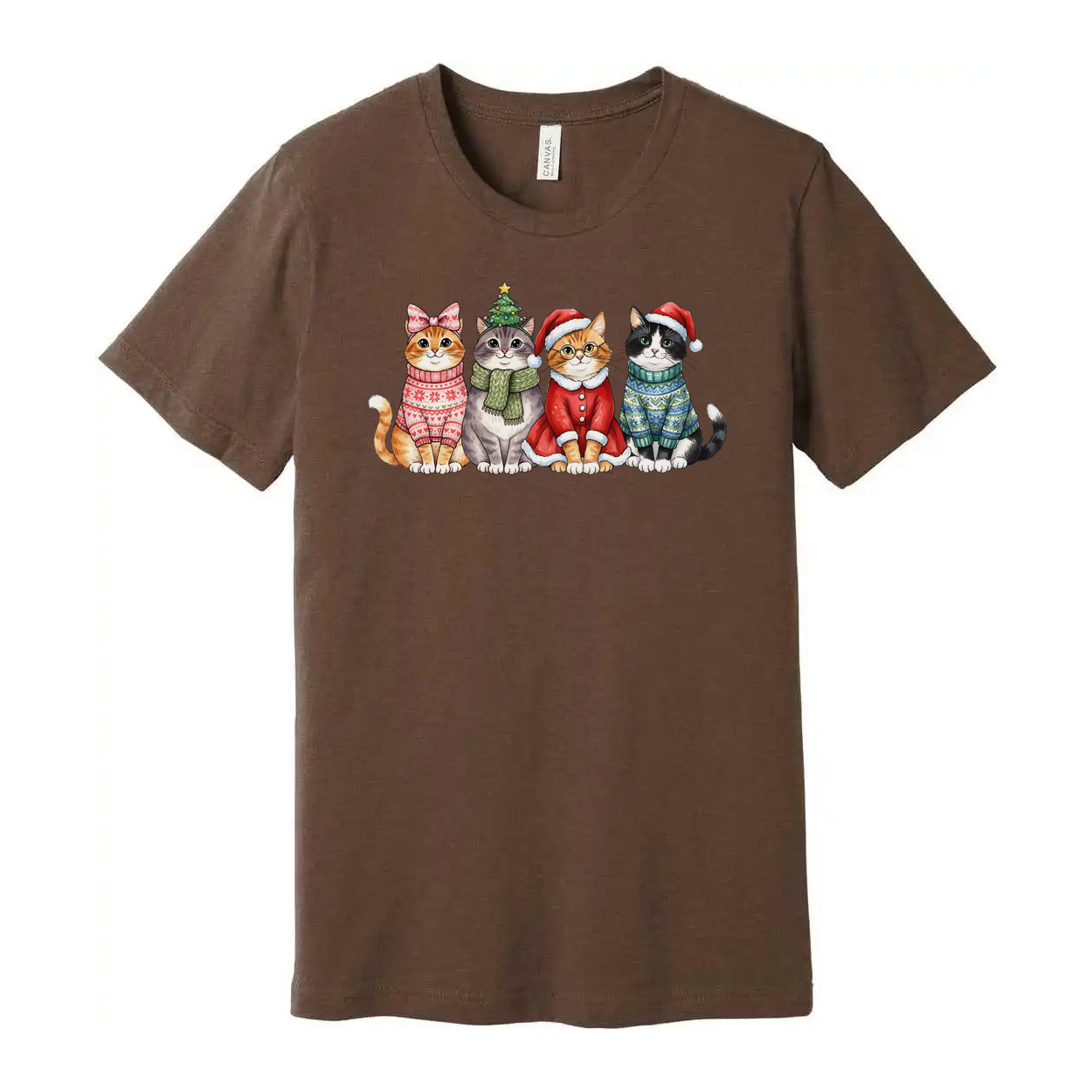 Holiday Cat Friends Christmas Themed T Shirt With Five Festive Cats Wearing Sweaters
