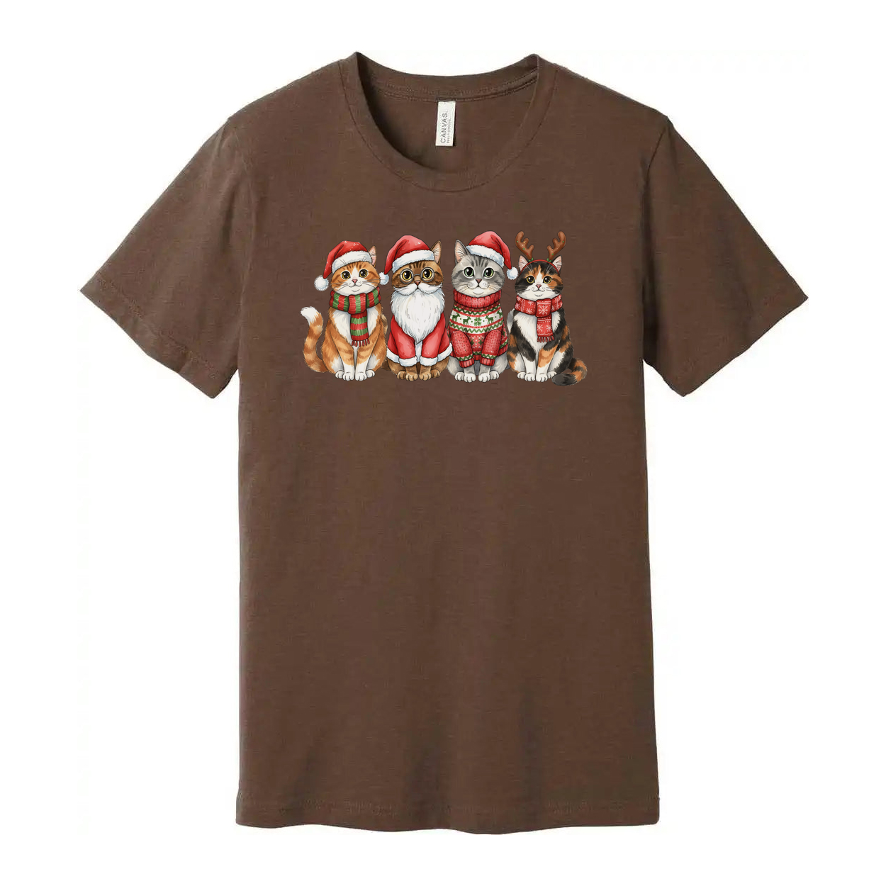 Unisex Christmas T Shirt Featuring Four Festive Cats In Santa Hats And Cozy Sweaters