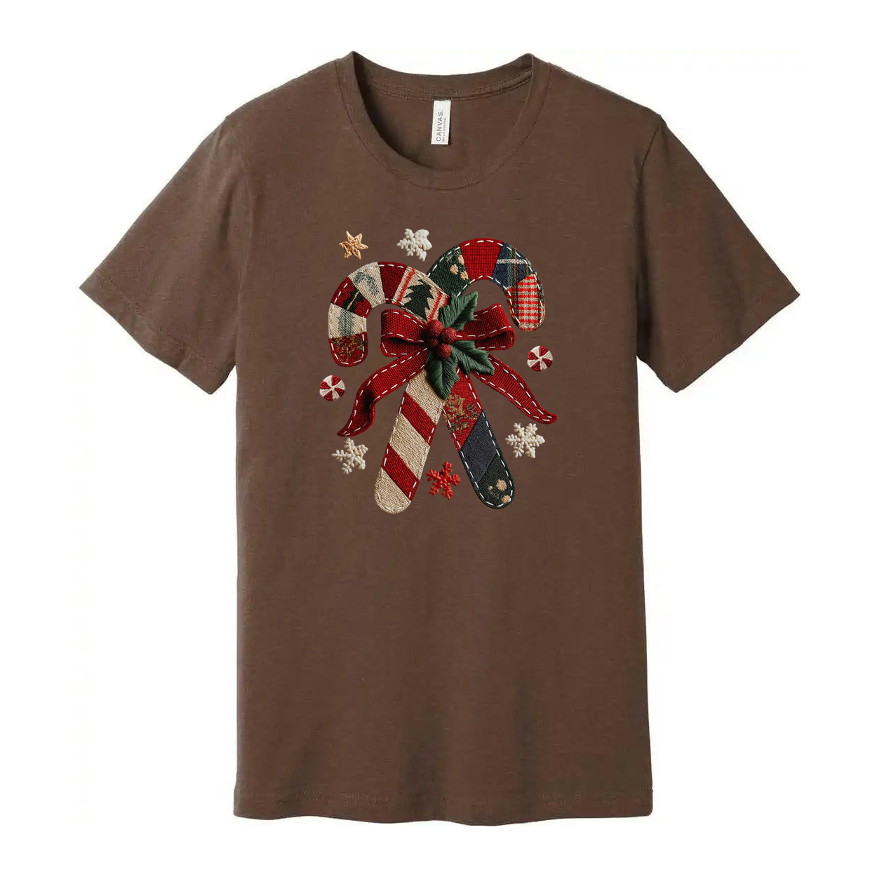 Unisex Christmas Candy Cane Bow Graphic T Shirt With Plaid Red Green Holiday Design