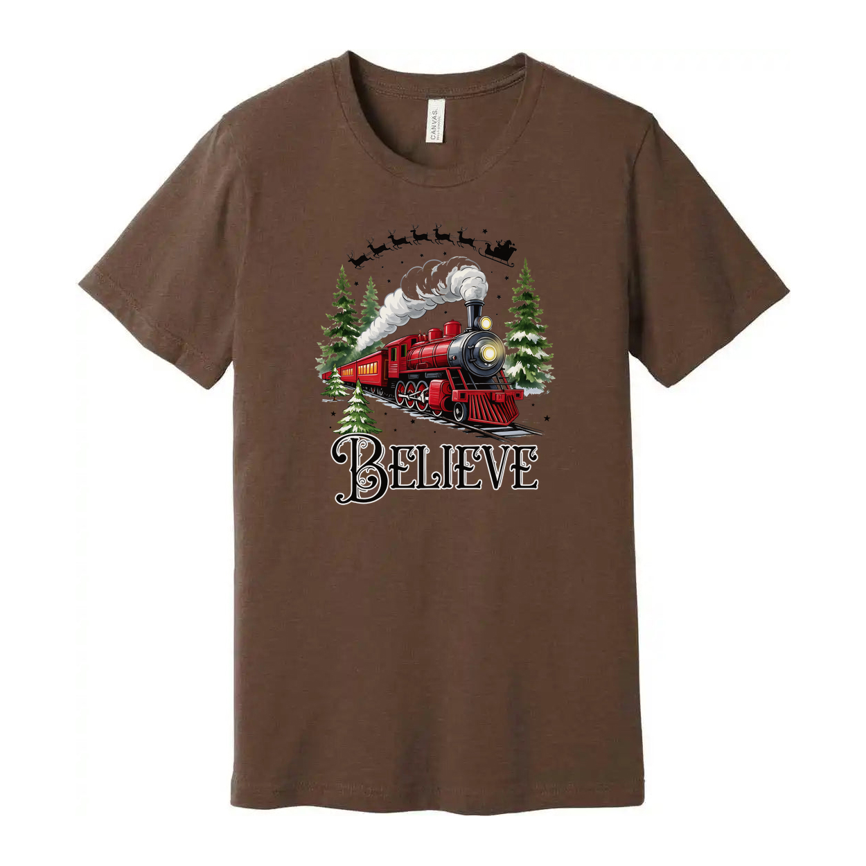 Unisex Christmas Train T Shirt With Red Steam Locomotive And Believe Graphic Artwork
