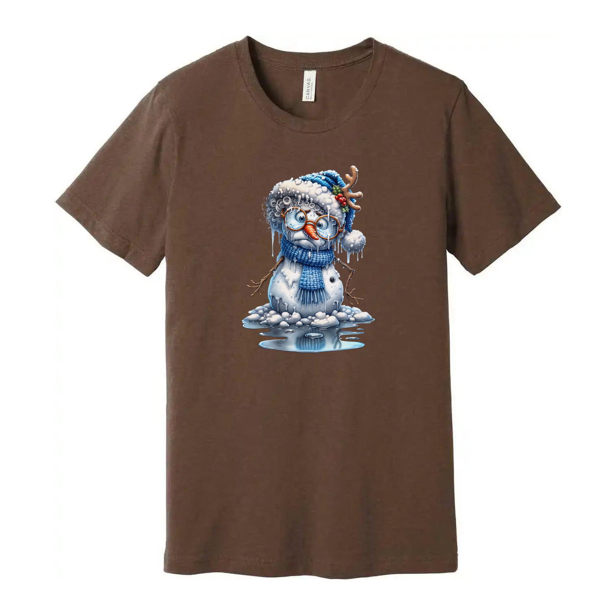 Snowman Graphic T Shirt With Blue Hat And Scarf Winter Holiday Illustration For Men And Women