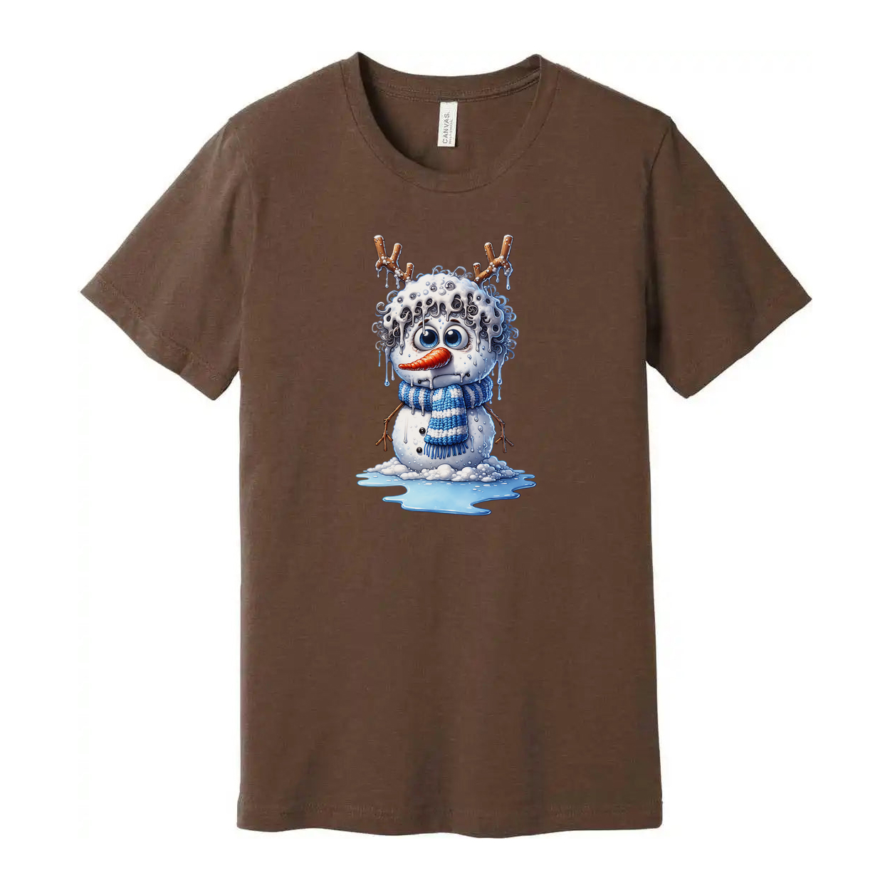 Unisex Snowman Illustration T Shirt With Blue Scarf Antler Twig Design And Melting Ice Splash