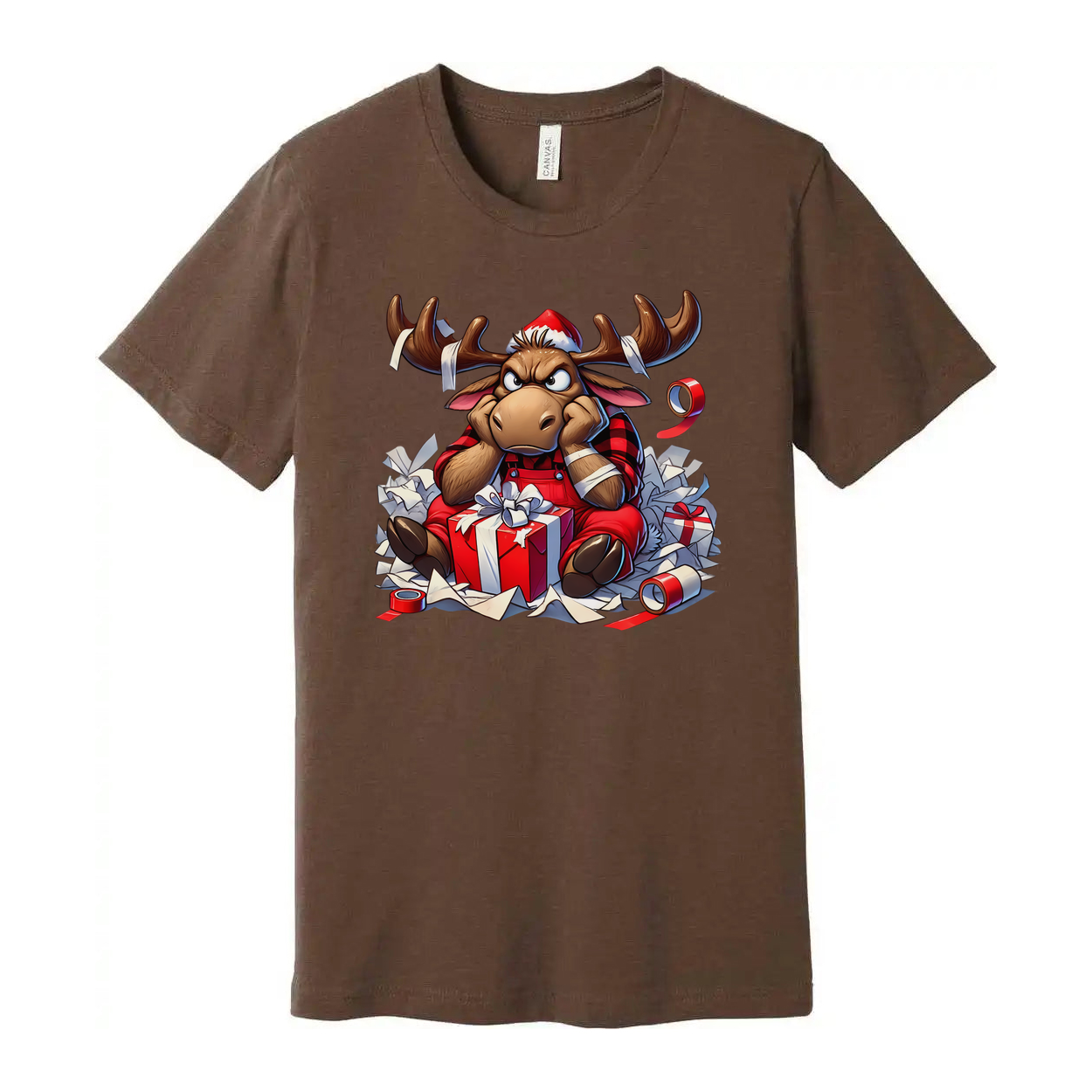 Unisex Christmas Moose Illustration T Shirt With Santa Hat And Gift Boxes Design