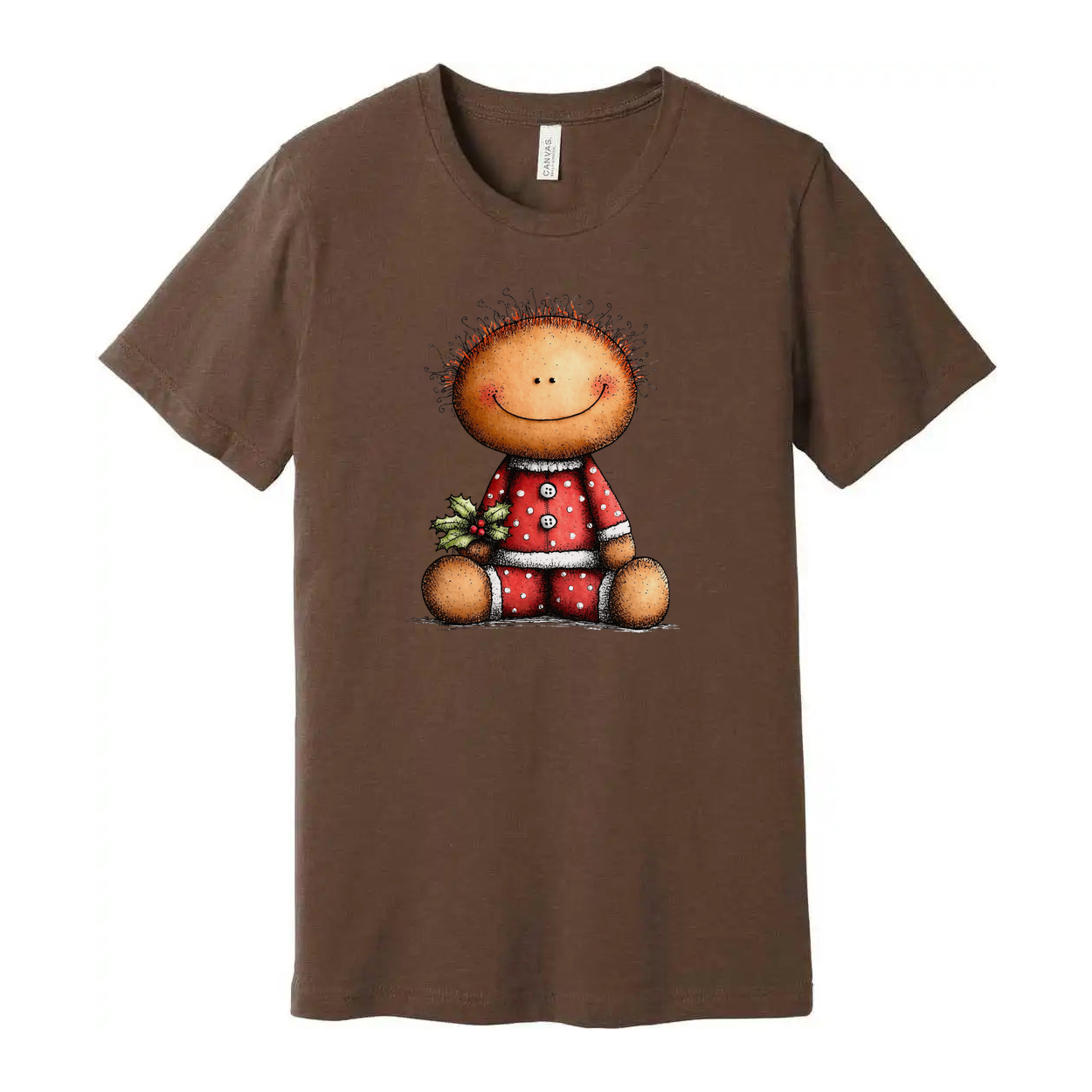 Unisex Christmas T Shirt Featuring Cute Smiley Doll In Red Polka Dot Pajamas And Holly