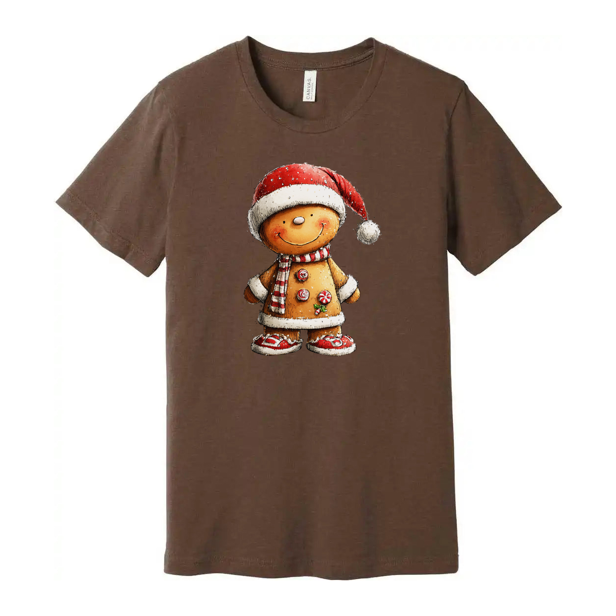 Gingerbread Man Christmas T Shirt With Santa Hat And Candy Cane Details Unisex Tee