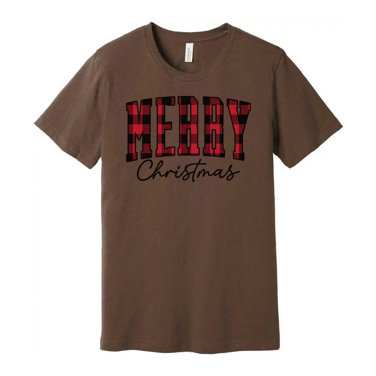 Merry Christmas Plaid Block Lettering Unisex T Shirt With Script Christmas Text Design