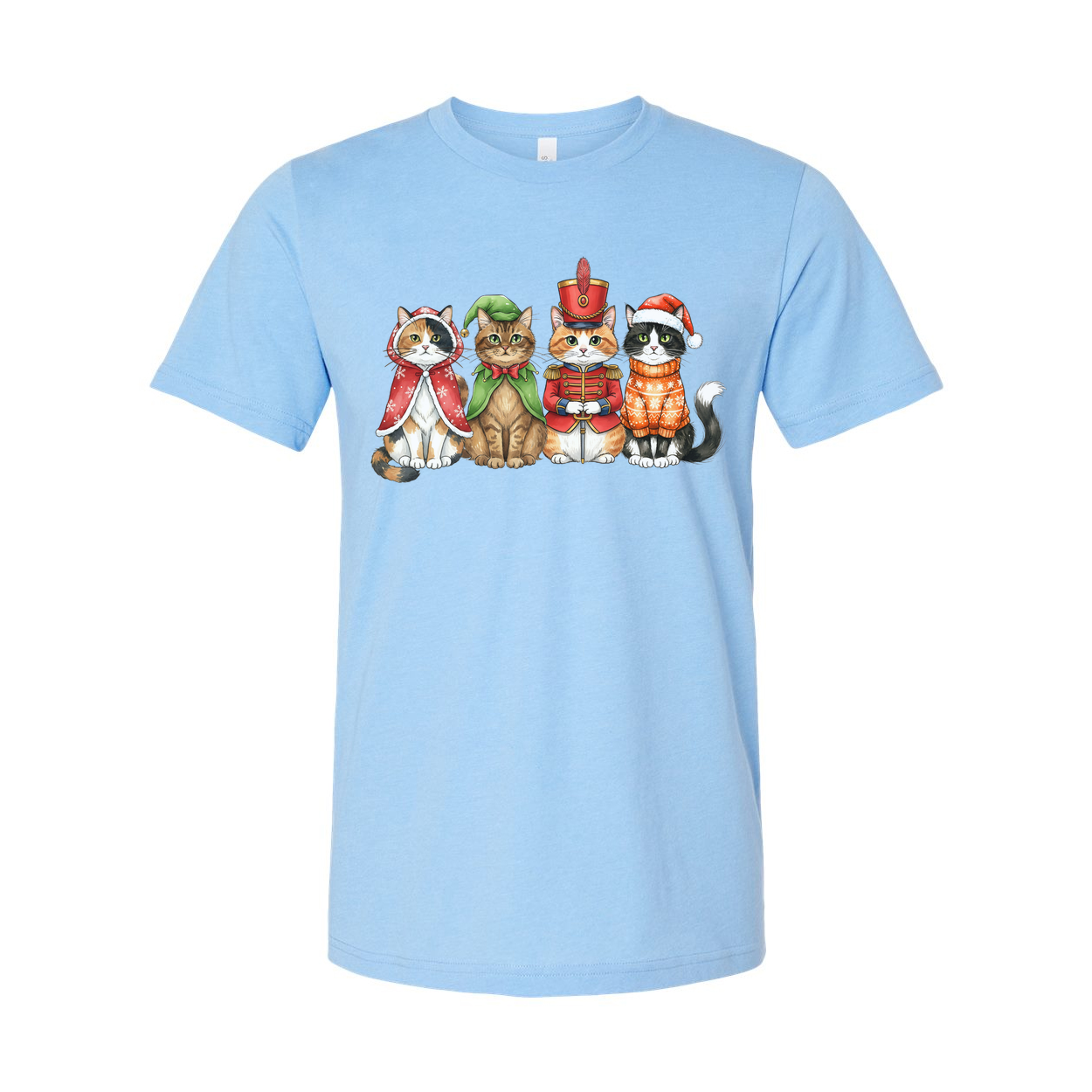 Unisex White T Shirt Featuring Five Festive Cats In Christmas Costumes Artwork Colorful Illustration