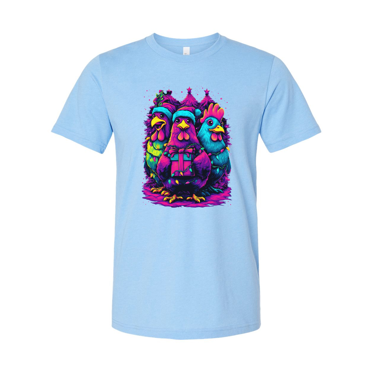 Unisex Christmas T Shirt With Neon Colorful Chickens Gift Box And Christmas Trees Graphic