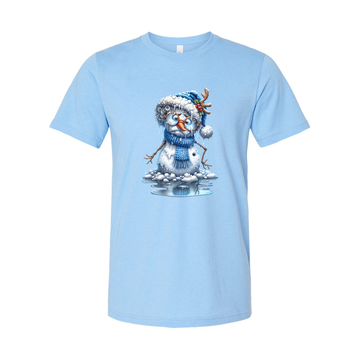 Snowman Graphic T Shirt With Blue Hat And Scarf Winter Holiday Illustration For Men And Women