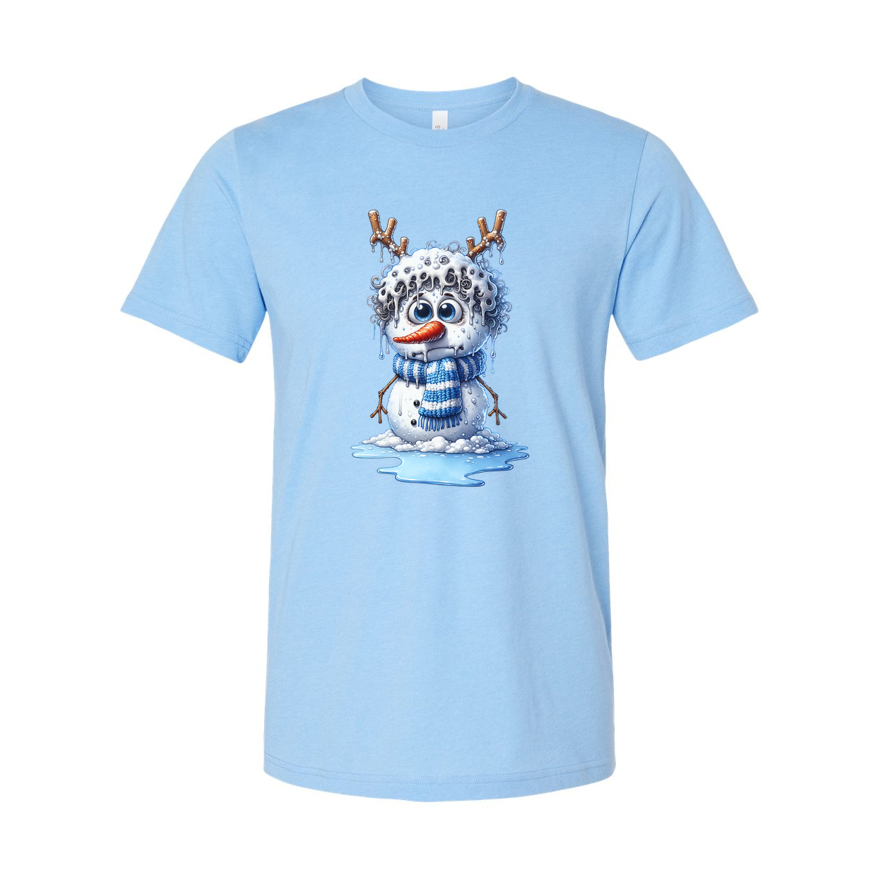 Unisex Snowman Illustration T Shirt With Blue Scarf Antler Twig Design And Melting Ice Splash