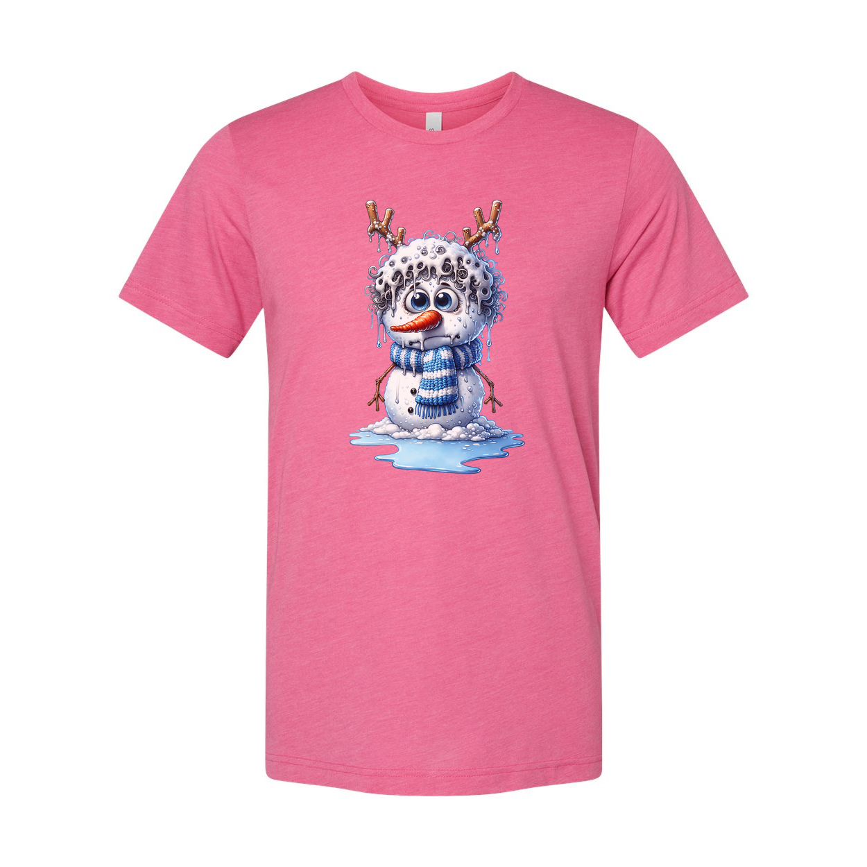 Unisex Snowman Illustration T Shirt With Blue Scarf Antler Twig Design And Melting Ice Splash