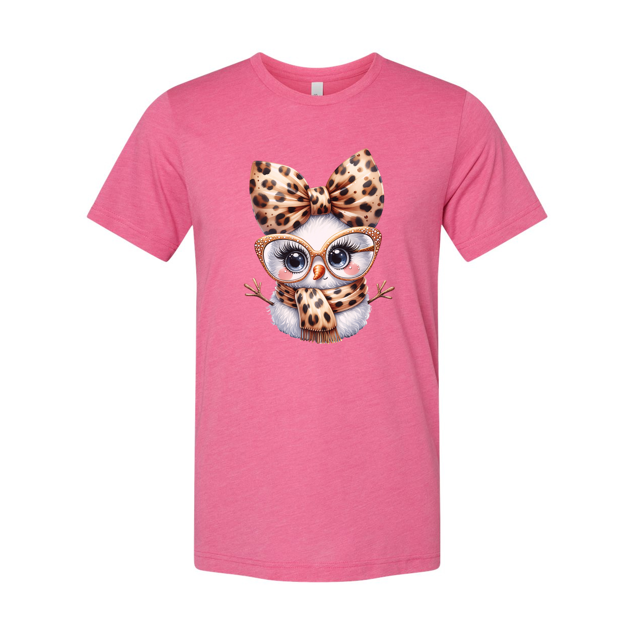 Unisex White T Shirt With Leopard Print Owl Graphic Wearing Bow Glasses And Scarf