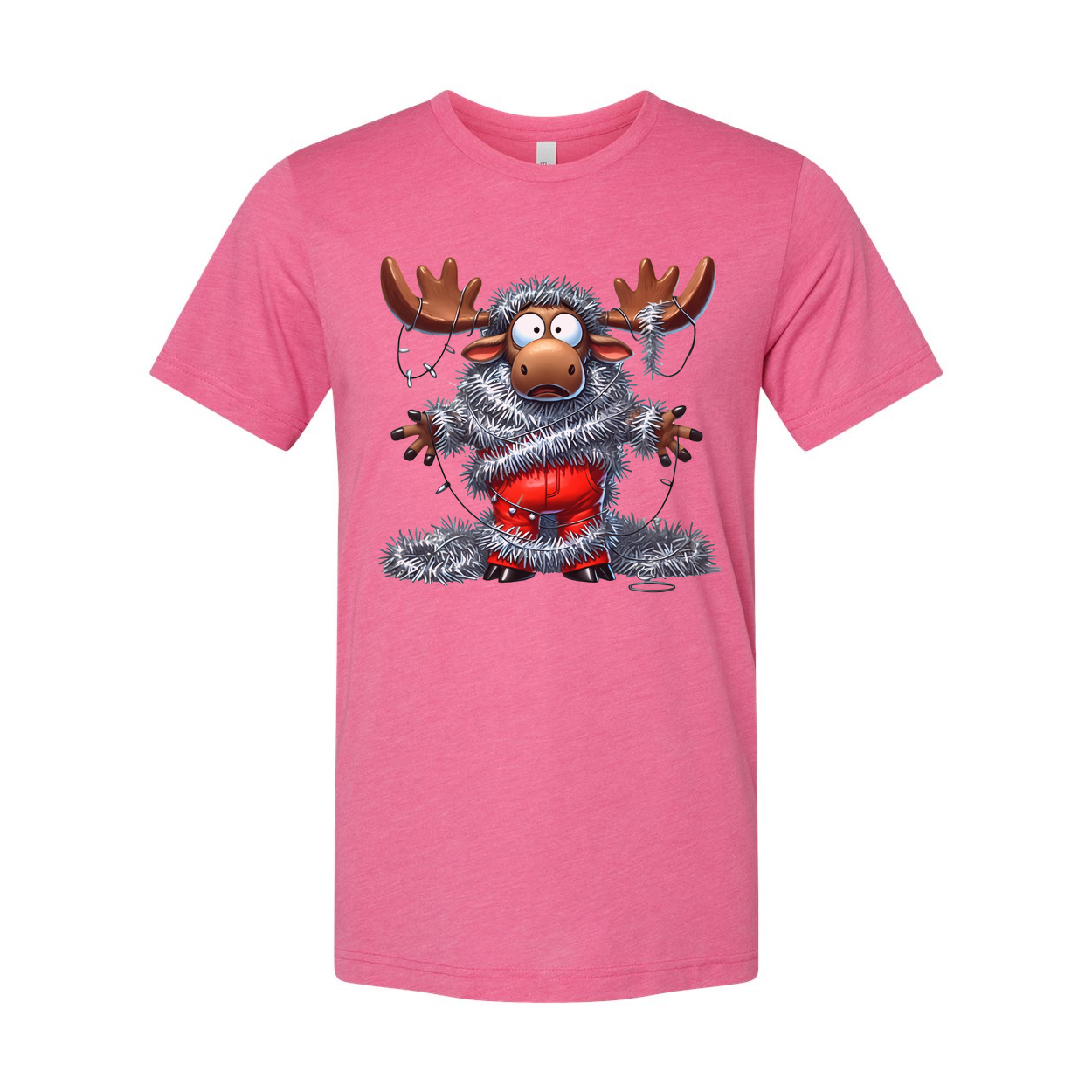 Unisex Christmas Moose Graphic T Shirt With Tinsel Lights Funny Festive Apparel Collection