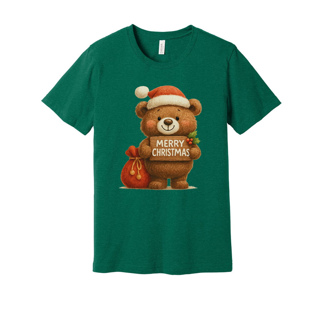 Unisex Christmas T Shirt With Cute Teddy Bear Santa Hat Holding Merry Christmas Sign Graphic
