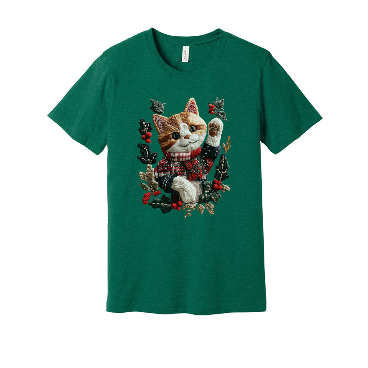 Unisex Christmas T Shirt With Cat In Red Scarf Surrounded By Holly Design