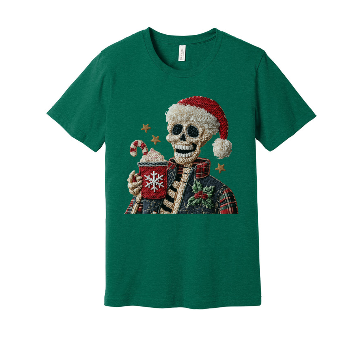 Unisex Christmas Skeleton Wearing Santa Hat Holding Snowflake Mug Graphic Tee For Holiday Season