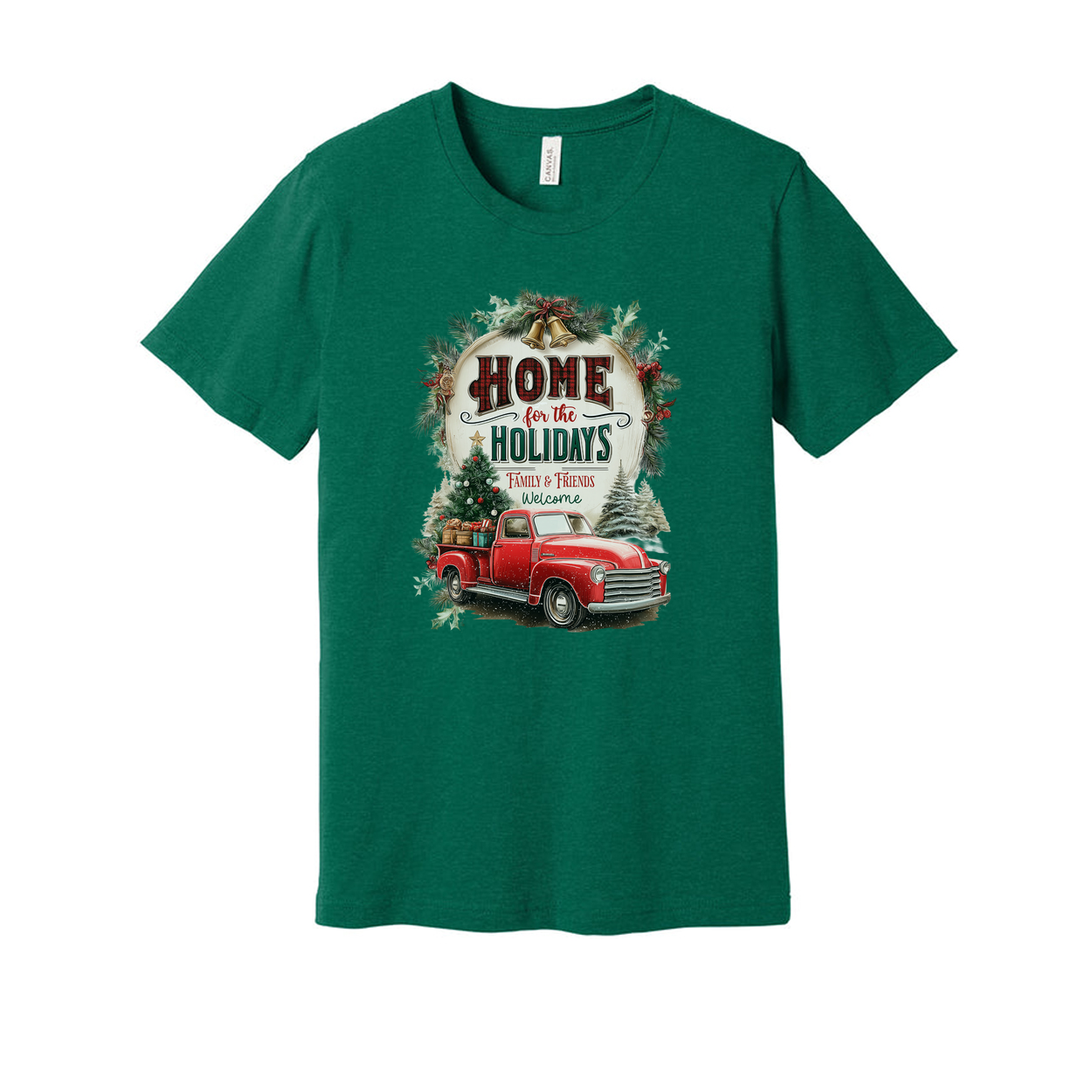 Unisex Christmas T Shirt With Vintage Red Pickup Truck And Home For The Holidays Graphic