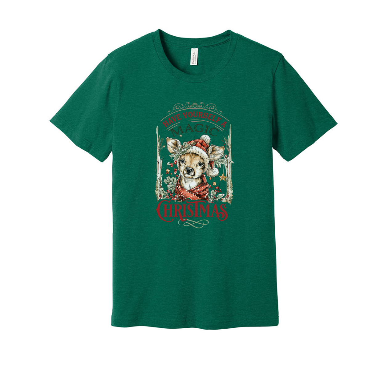 Unisex Christmas T Shirt With Festive Dog Wearing Santa Hat And Red Scarf Graphic