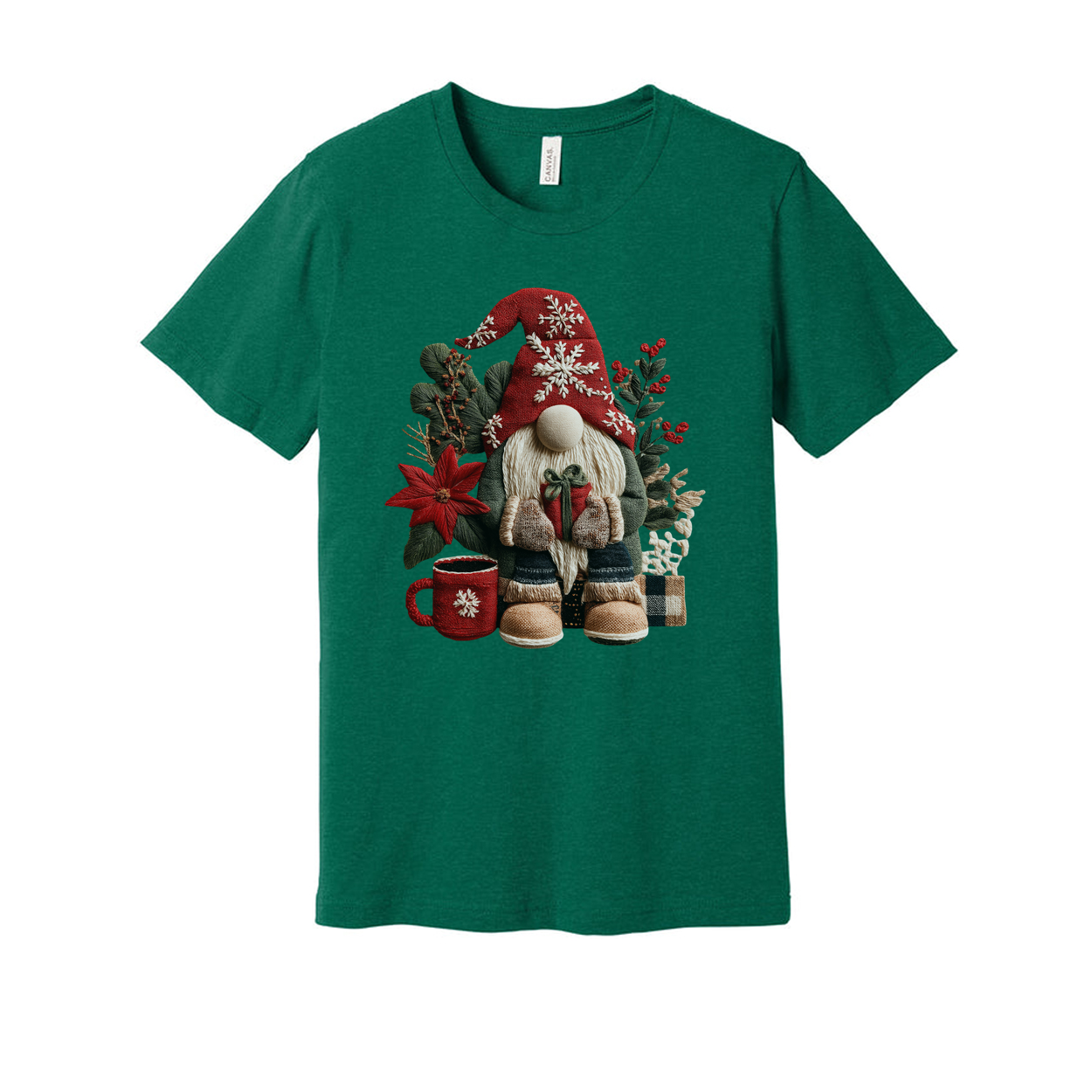 Christmas Gnome Graphic Unisex T Shirt With Red Hat Poinsettia And Cozy Winter Elements