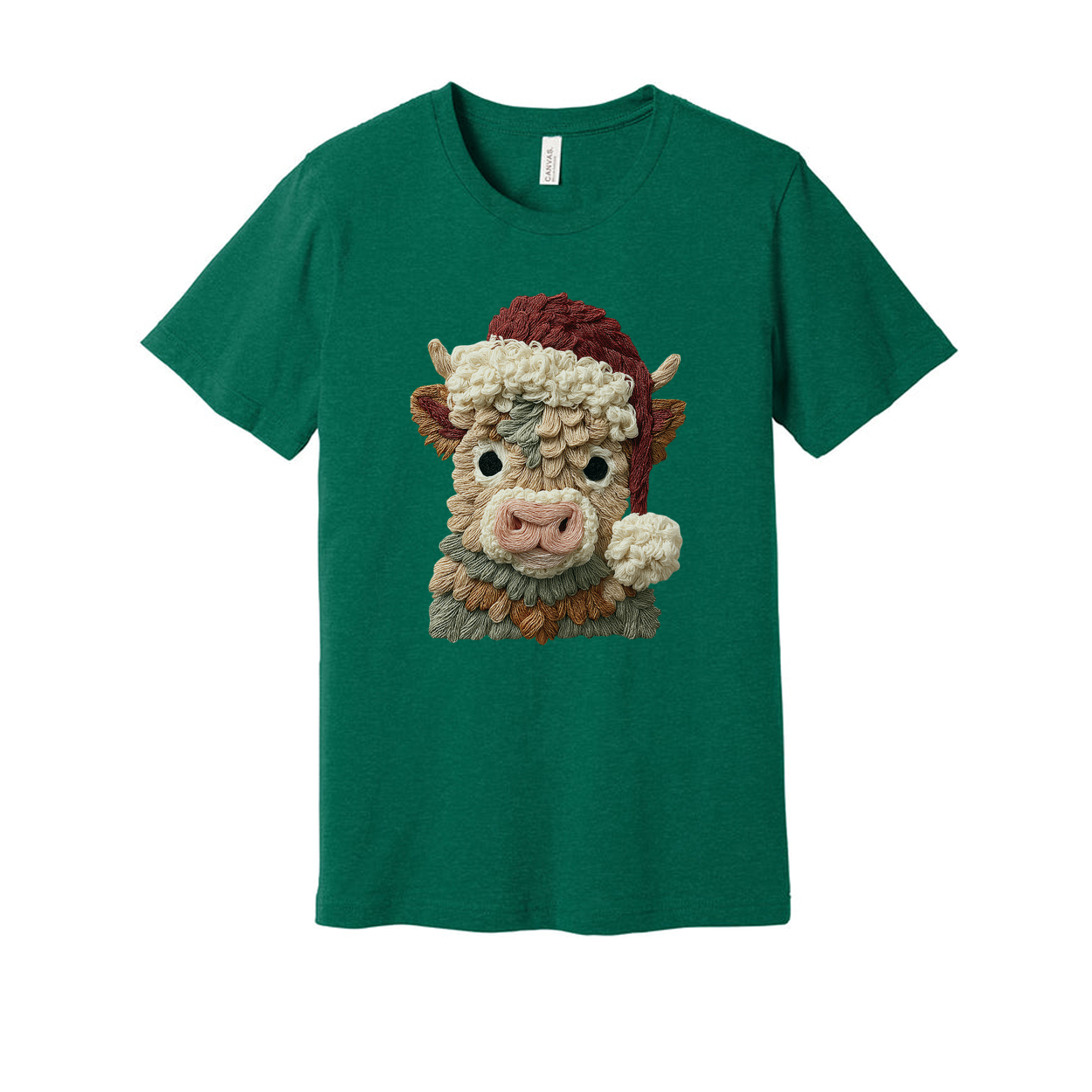 Unisex T Shirt With Festive Knitted Bull Portrait And Santa Hat Christmas Design