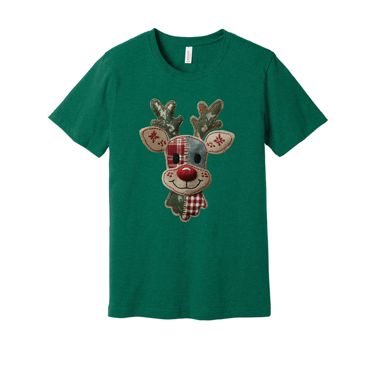 Unisex Christmas T Shirt With Reindeer Patch Logo Featuring Plaid Pattern
