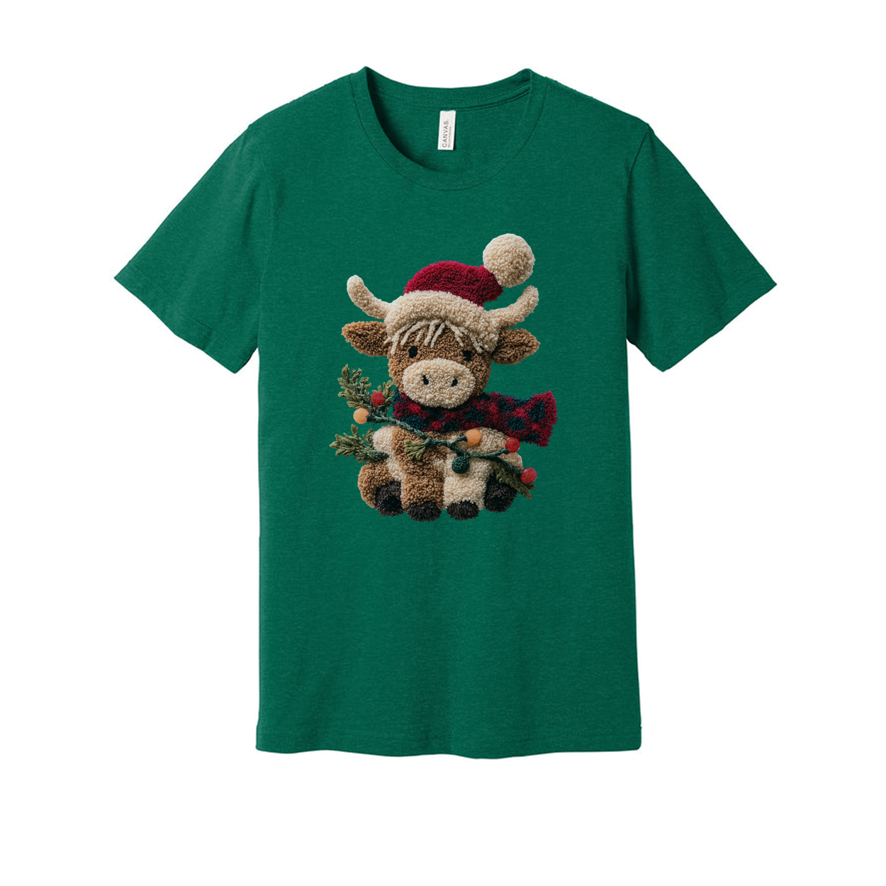 Unisex Christmas T Shirt Featuring Cute Plush Reindeer In Santa Hat And Cozy Red Scarf With Evergreen Garlands