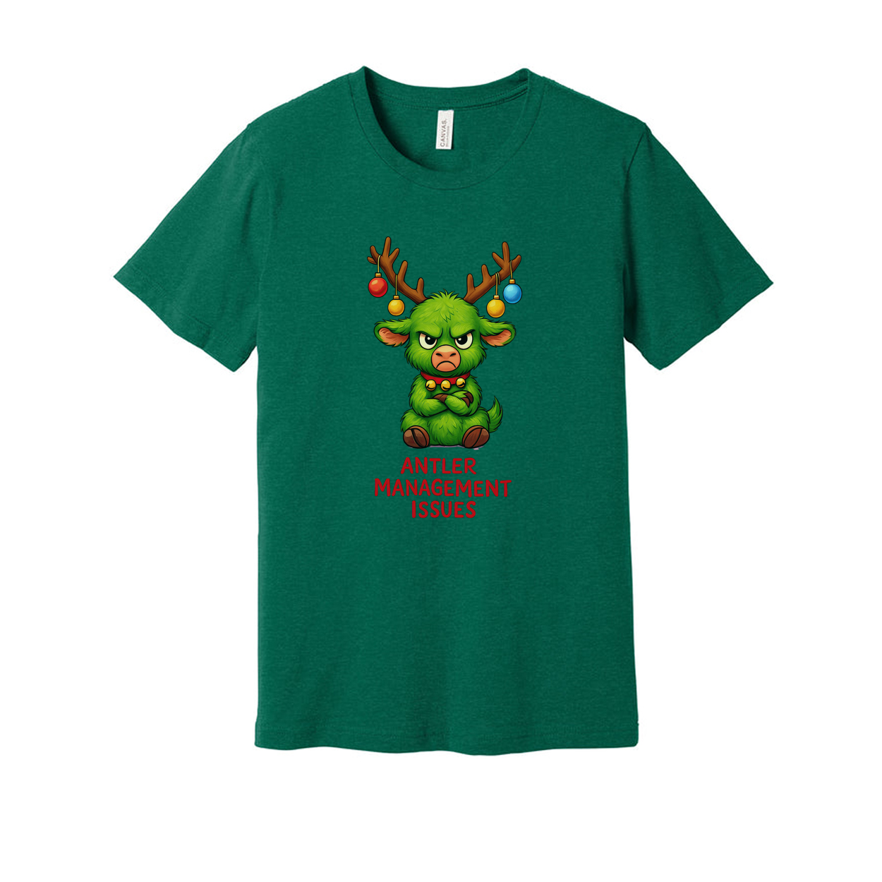 Unisex Antler Management Issues Graphic T Shirt Featuring Grumpy Green Antlered Creature With Christmas Ornaments