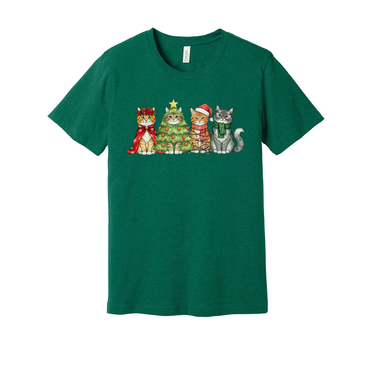 Unisex Christmas Cat T Shirt Featuring Five Festive Cats And A Decorated Christmas Tree Graphic