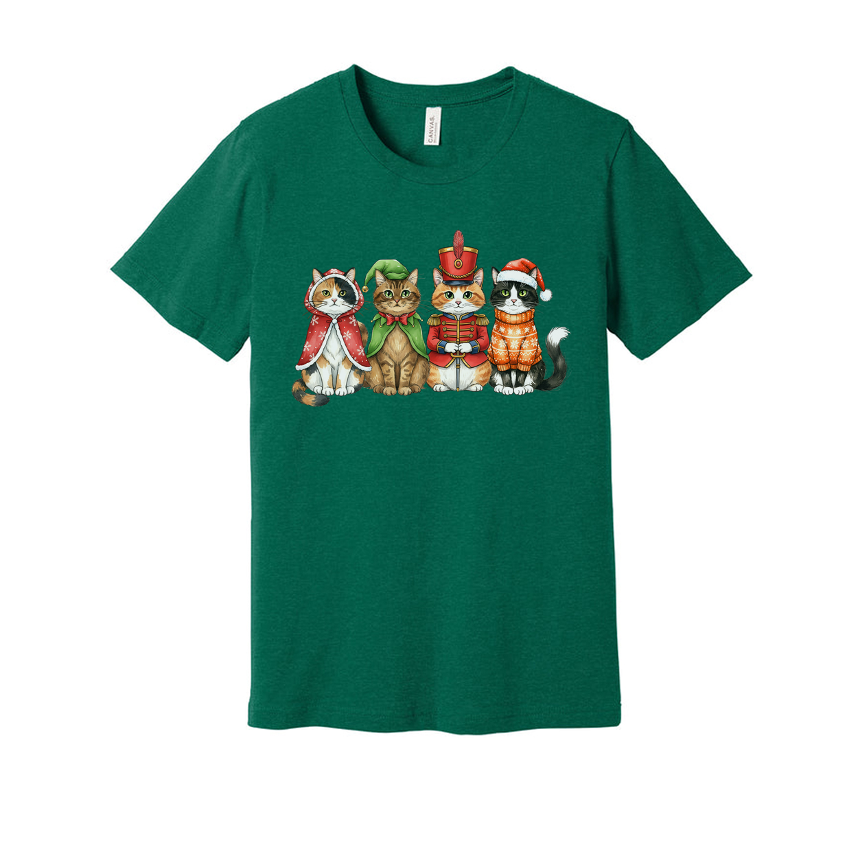Unisex White T Shirt Featuring Five Festive Cats In Christmas Costumes Artwork Colorful Illustration