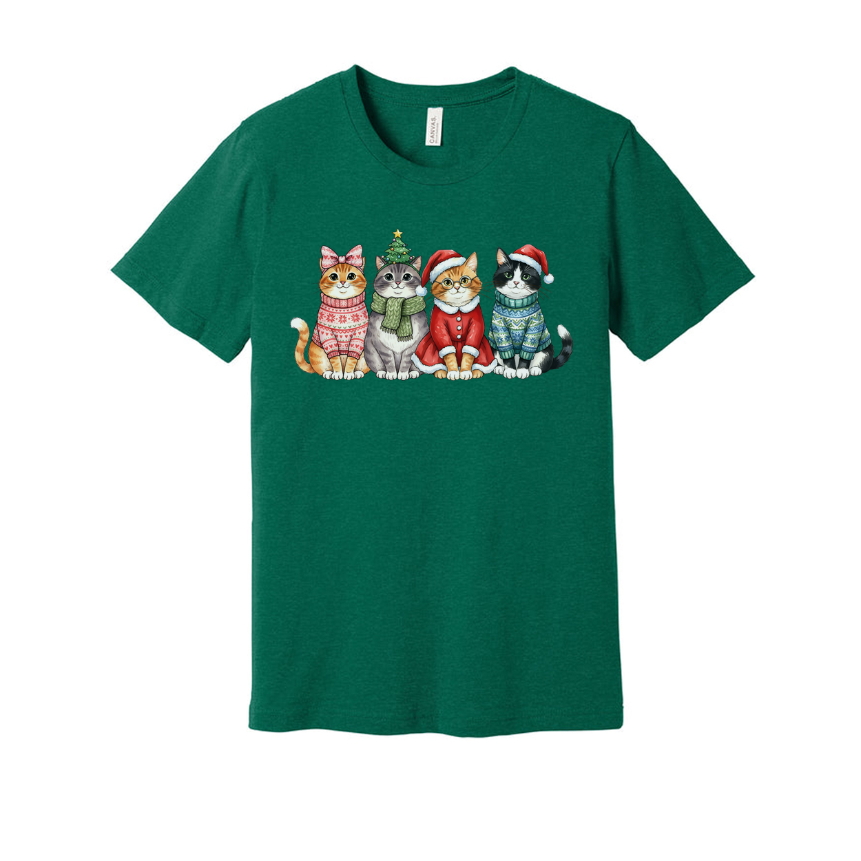Holiday Cat Friends Christmas Themed T Shirt With Five Festive Cats Wearing Sweaters